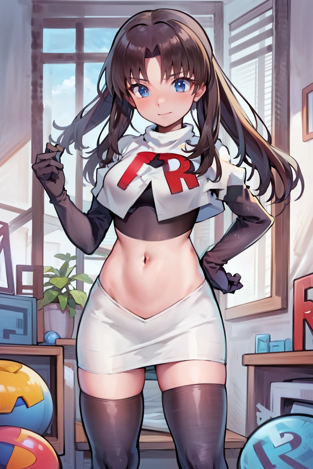 (best quality), [masterpiece], ((beautiful:0.75) cute girl:0.75), [clear and clean] pixiv (illustration), ((RinTohsaka)), black hair, twintails,team rocket,team rocket uniform,white skirt,red letter R,crop top,black thigh-highs,black elbow gloves,