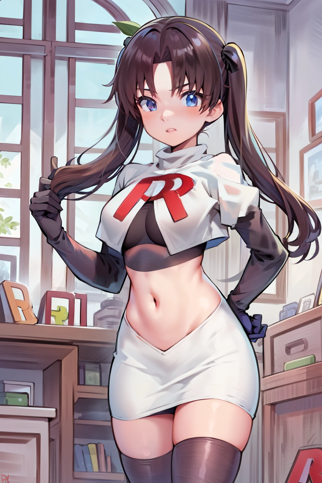 (best quality), [masterpiece], ((beautiful:0.75) cute girl:0.75), [clear and clean] pixiv (illustration), ((RinTohsaka)), black hair, twintails,team rocket,team rocket uniform,white skirt,red letter R,crop top,black thigh-highs,black elbow gloves,