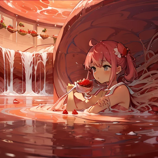 A pastry chef covered in boiling strawberry parfait ramen serving a strawberry waterfall、Amazing dynamism、Amazing Angle、Whirlpool sandstorm of unstable buoyancy、Many friendly snake strawberries float closely and chase each other.。surround each other'giant strawberry、