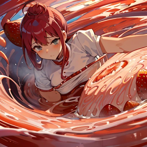 A student covered in strawberry parfait serves strawberry cream、Amazing dynamism、Amazing Angle、A torrent of unstable buoyancy、(((A lot of friendly strawberry software floats densely and chases you.)))、((surround each other'strawberry))、