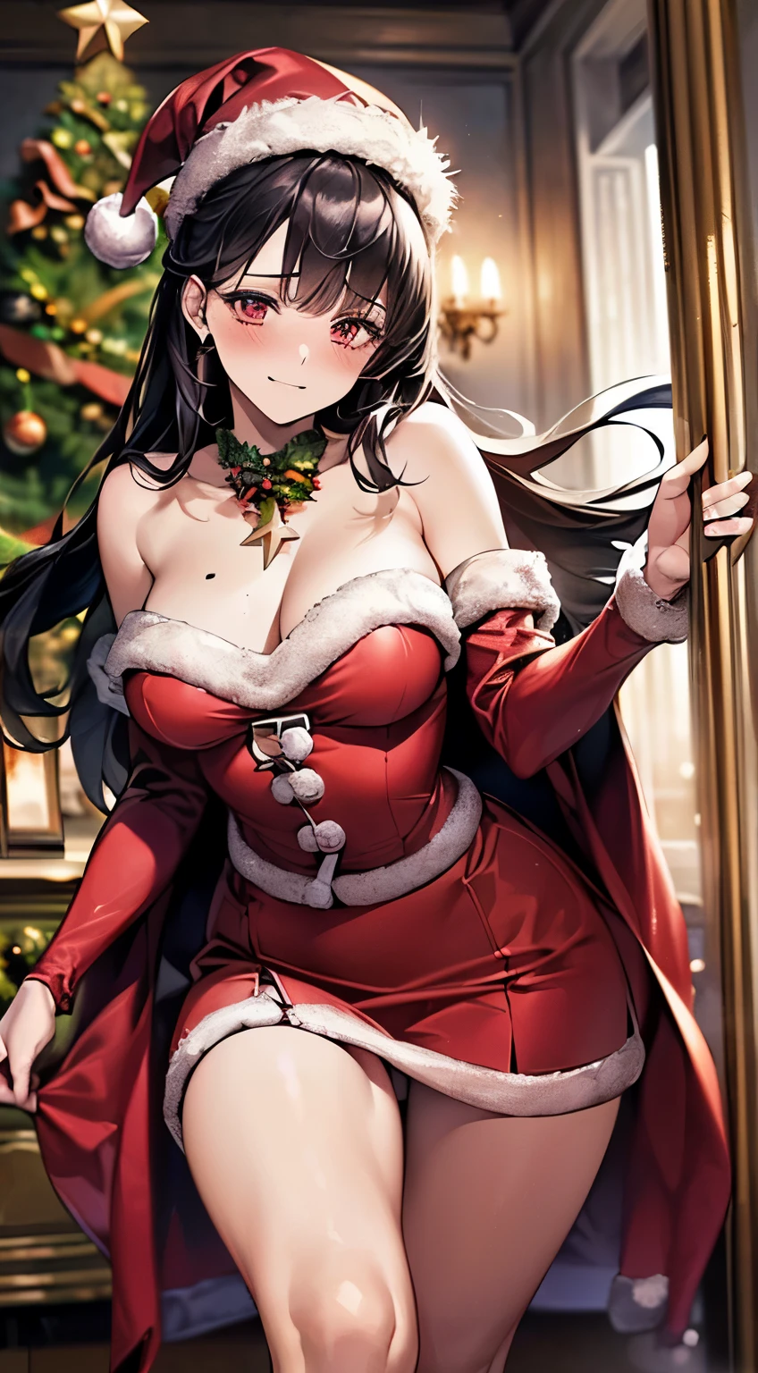 ((((perfect anatomy, super detailed skin)))), 1 girl, japanese, 32 years old, shiny skin, watching the view,
beautiful hair, beautiful face, beautiful detailed eyes, (long hair:1.7, side ponytaail:1.5), black hair, Red eyes, mole under eye,
beautiful clavicle, beautiful body, beautiful chest, beautiful thigh, beautiful legs, babyface, medium breasts, perfect body, gorgeous faces, seductive boobs, seductive thighs,
((wearing santa claus costume, symmetrical clothing, metallic red santa claus hat, metallic red santa claus dress, metallic red santa claus boots, bare shoulders), christmas necklace),
(facing the front)(((blushing cheeks, embarassed expression)), (((the skirt is rolled up by the wind)))
(beautiful scenery), indoors, livingroom, (christmas tree:1.3),
(top-quality, masterpiece:1.2, extremely detailed), (photorealistic), beautiful illustration, cinematic lighting, (thigh focus, from below, view from forward:1.3),