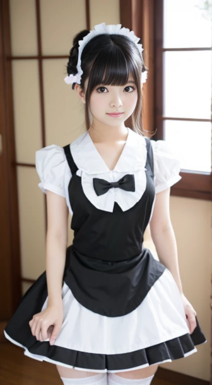 Japanese girl at 18 years old、Wearing a black and white maid outfit、、big skirt、Upper part of the body、ruffled headband、high-detail、High image quality、Shot from a high position、Kamimei、looking at the camera、