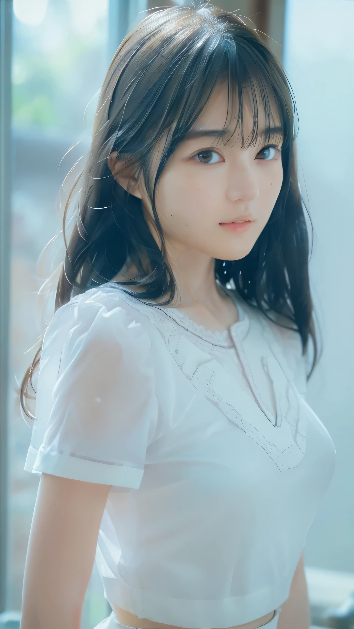 ((Best Quality, 8K, masutepiece :1.3)), Sharp Focus :1.2, Cute 16 year old with perfect figure :1.4, Slender Abs :1.3, Raw photography、超A high resolution, Full body, fair white skin、shiny white skin、(Wavy blonde hair)、dark brown hair、Ultra-fine eyes, super fine hand, Ultra-fine fingers、Beautiful eyes with random colors、very thin lips, finely detail、elongated eyes、pale pink blush、long eyeslashes、beautiful double eyelid、Lighting that emphasizes beautiful skin、Glossy skin 2, ((Layered longhair, Big breasts :1.2)), Open Shirt Show Bleach , (Detailed transparent clothing), (see through bra), ((Detailed white tight shirt )), ((Detailed face )), ((Detailed tight short skirt), water shower, luxury office :1.4, Highly Detailed face and skin texture, Detailed eyes, 二重まぶた