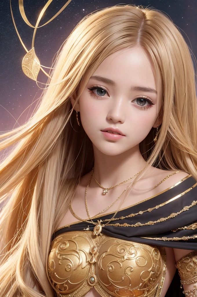 girl, Flowing blond hair, Yellow eyes, Golden Imperial Clothes, Neckline, Japanese cartoons, Clear sky in the background,Flashing lights, Dynamic Angle, Arrogant laughter
