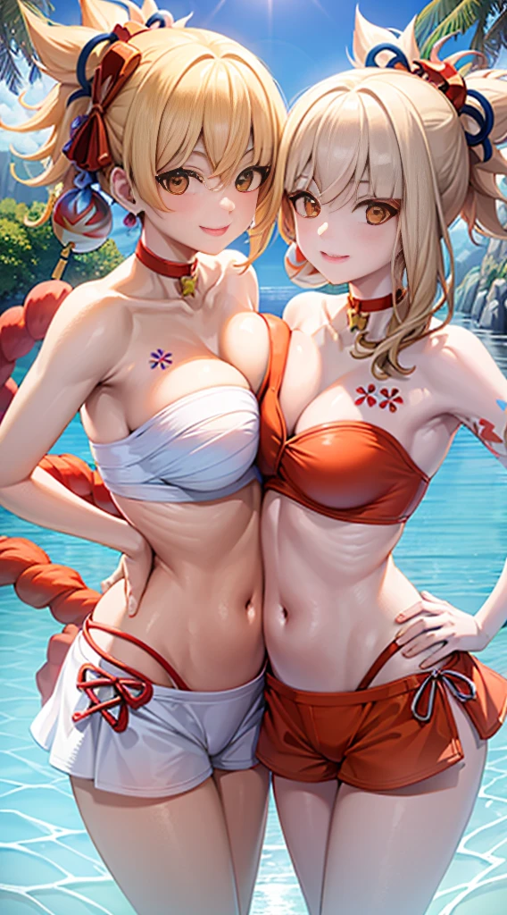 Two girls smiling female twinpose in water your belly button, Vibrant color quality natural light, Chest to chest, they are face to face, and their hands are around each other's waist. The orange swimsuit is close to the huge breast.