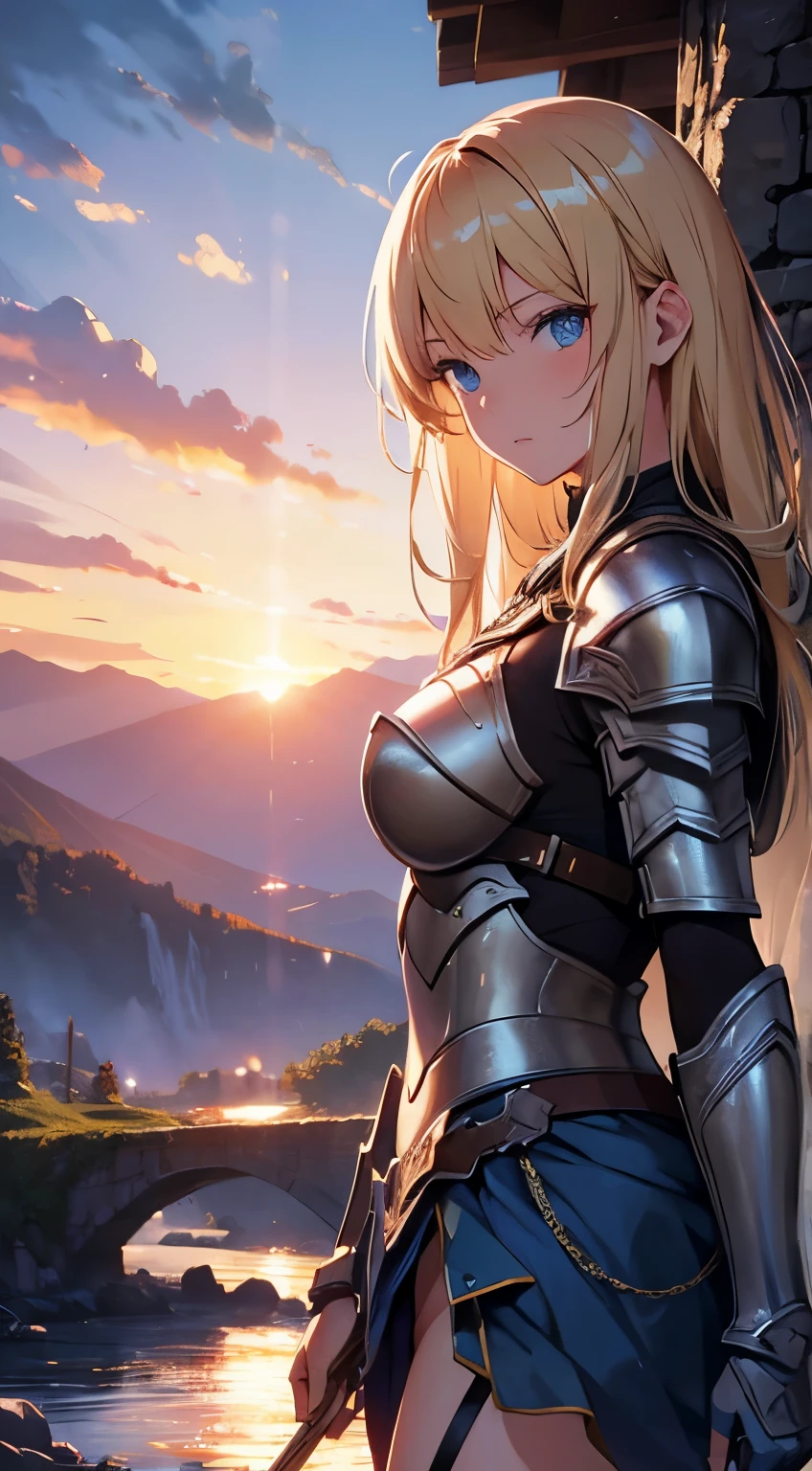 super detail, Masterpiece, pov, woman, warrior, modern light armor, blonde, blue eyes, mountain, waterfall, sunset, soft lighting
