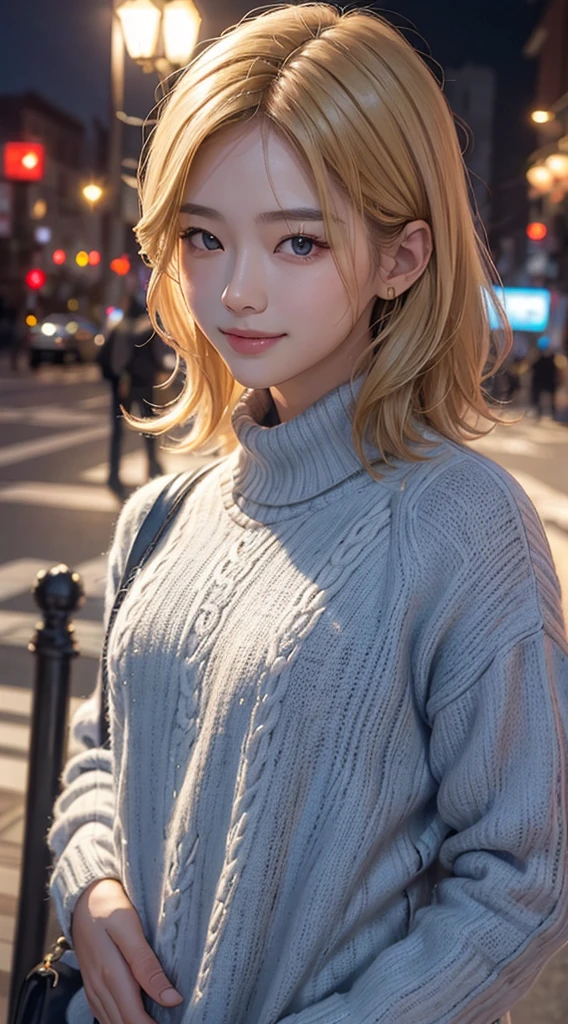 (realistically, tmasterpiece, 8K high-definition, Good lighting quality,, fit snugly on face, Complicated details), A handsome Korean man, younger, Happy, The smile is bright, Detailed faces, Perfect style、Combed blonde hair,short detailed hair,Night allure,exclusive sweater、Dark sweater、the street、The smile is bright, Detailed faces, 詳細な目,