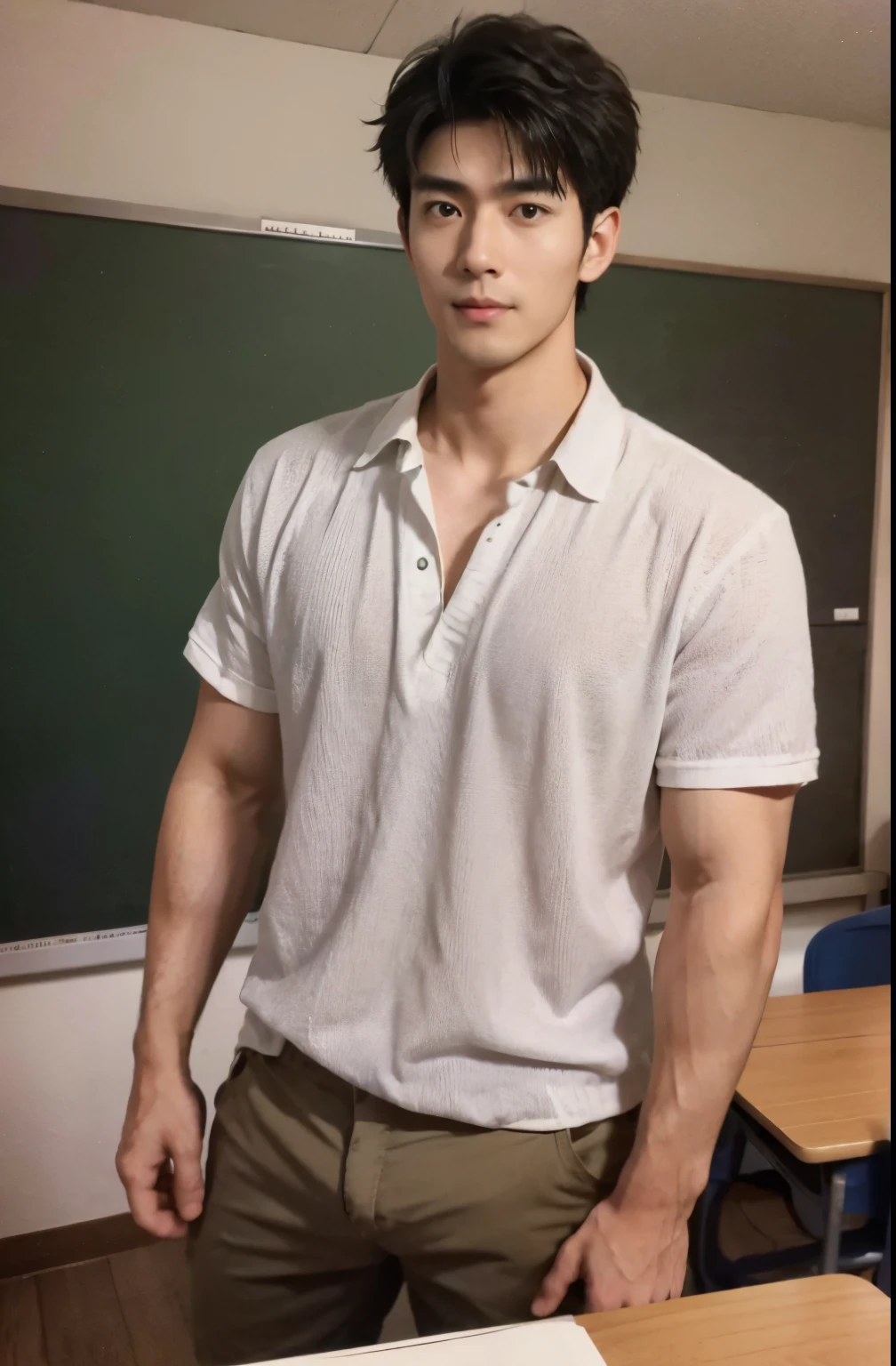 1 handsome Japanese guy，31 years old，University teacher，Husband，‎Classroom，Class，Wear casual clothinild，tall，Muscular，hairy bodies，（thin eyes 1：3），fully body photo