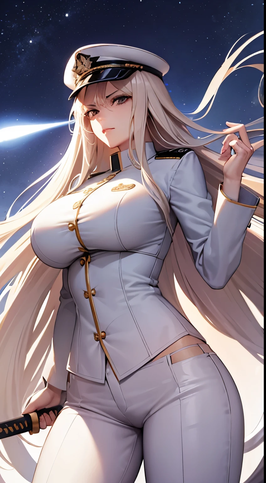 1 milf, long hair, very big breast, very sexy body, wearing a white, wearing long white trousers, wearing a pilot's hat, angry face, holding a sword