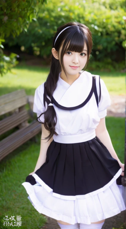 Japanese girl at 18 years old、Wearing a black and white maid outfit、、big skirt、Upper part of the body、ruffled headband、high-detail、High image quality、Shot from a high position、Kamimei、looking at the camera、(high saturation:1.2), (low contrast:1.1), (high saturation:1.0), (very detailed skin), (bestquality:1.0), (ultra highres:1.0) ,(photorealistic portrait:1.0), (ultra-detail:1.0), (10, RAW photo:1.1), (Skirt Lift:1.0)