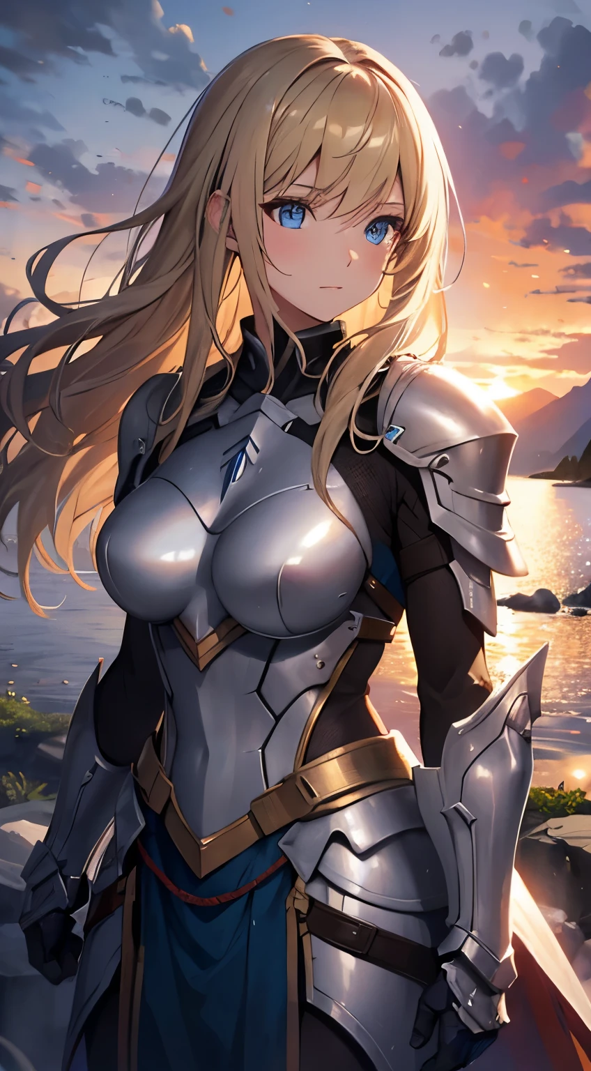 super detail, Masterpiece, pov, woman, warrior, modern light armor, blonde, blue eyes, mountain, waterfall, sunset, soft lighting