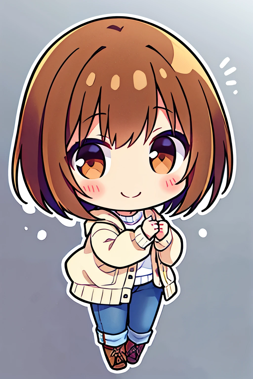 brown hair chibi girl, inner blonde、jeans、White knitwear、a smile、White background