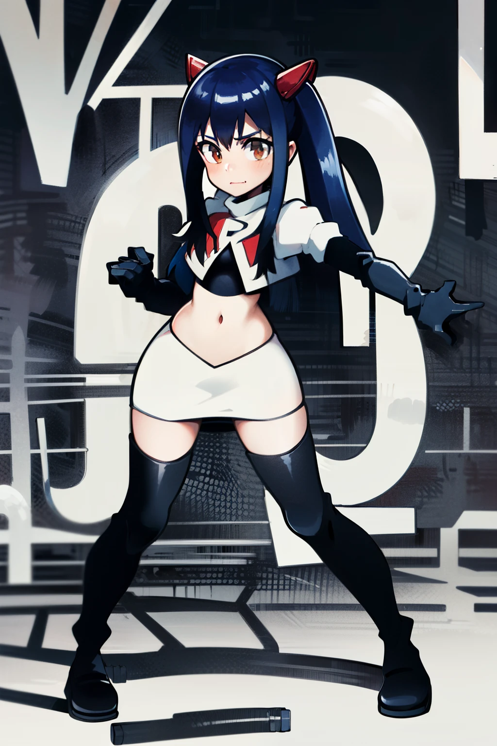 masterpiece, absurdres, Wendy_Marvell, 1girl, solo, long hair, looking at viewer, hair ornament, twintails, brown eyes, blue hair,team rocket,team rocket uniform,white skirt,red letter R,crop top,black thigh-highs,black elbow gloves,