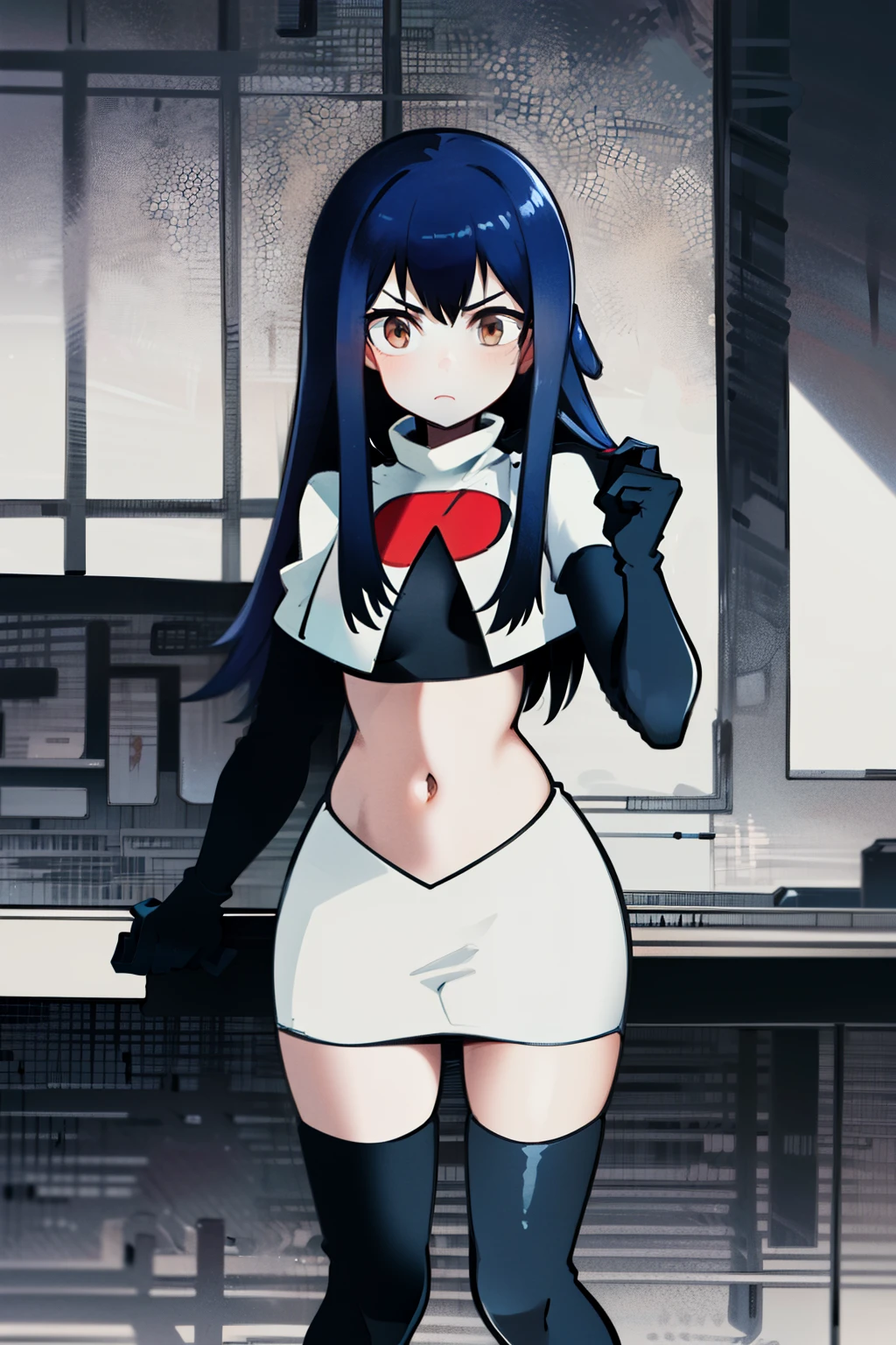 masterpiece, absurdres, Wendy_Marvell, 1girl, solo, long hair, looking at viewer, hair ornament, twintails, brown eyes, blue hair,team rocket,team rocket uniform,white skirt,red letter R,crop top,black thigh-highs,black elbow gloves,