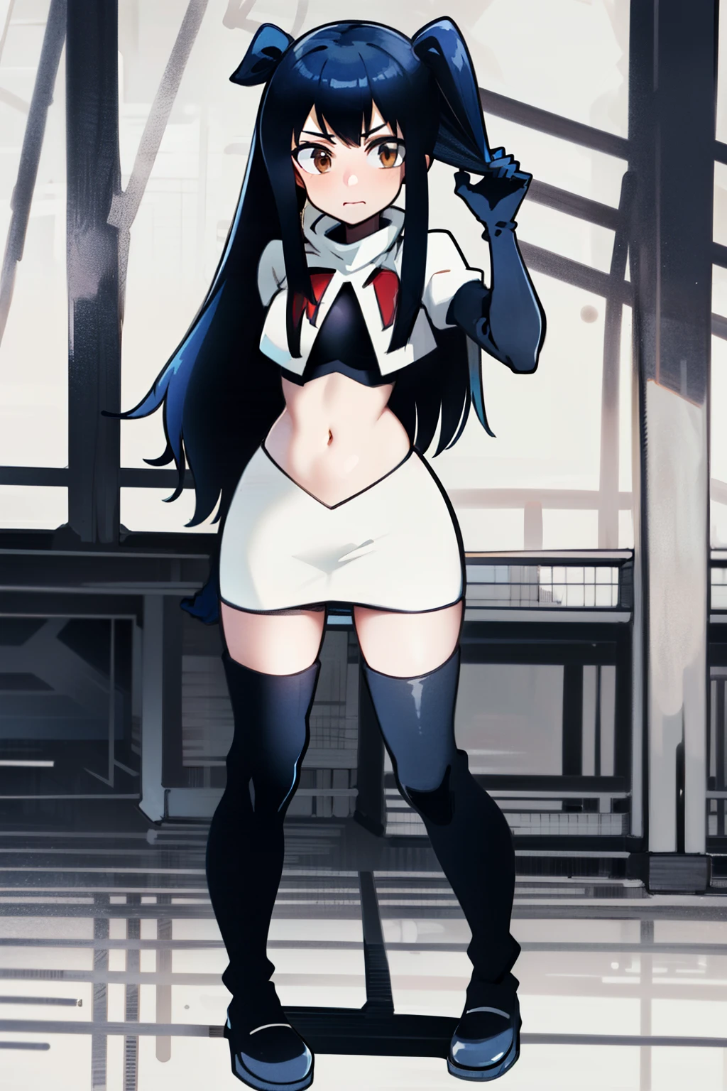 masterpiece, absurdres, Wendy_Marvell, 1girl, solo, long hair, looking at viewer, hair ornament, twintails, brown eyes, blue hair,team rocket,team rocket uniform,white skirt,red letter R,crop top,black thigh-highs,black elbow gloves,