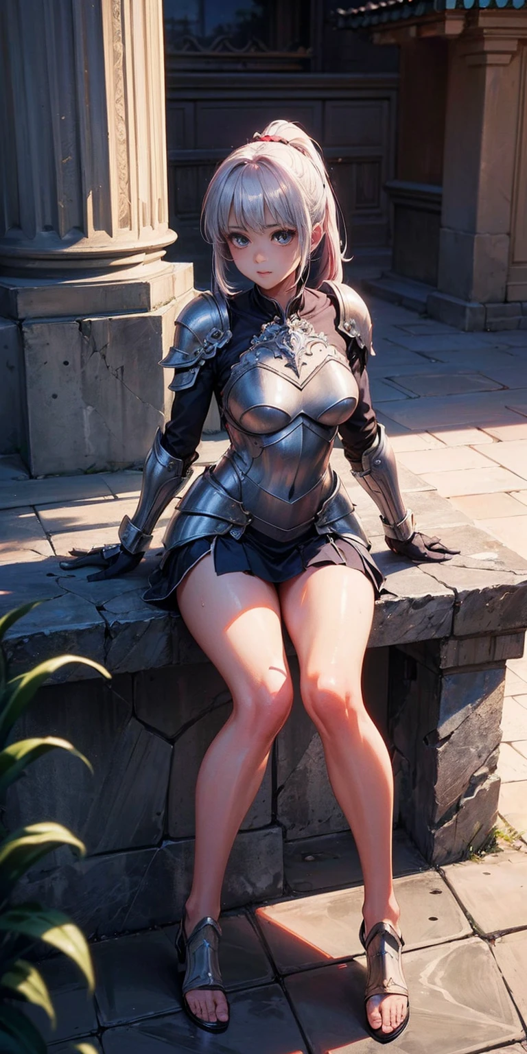 Warrior, costume, plate armor, short skirt, red skirt, white panties, appearing panties, redhead, realistic, D&D, sitting, cameltoe, open legs, legs apart, upskirt, steel gauntlets, steel boots, steel breastplate