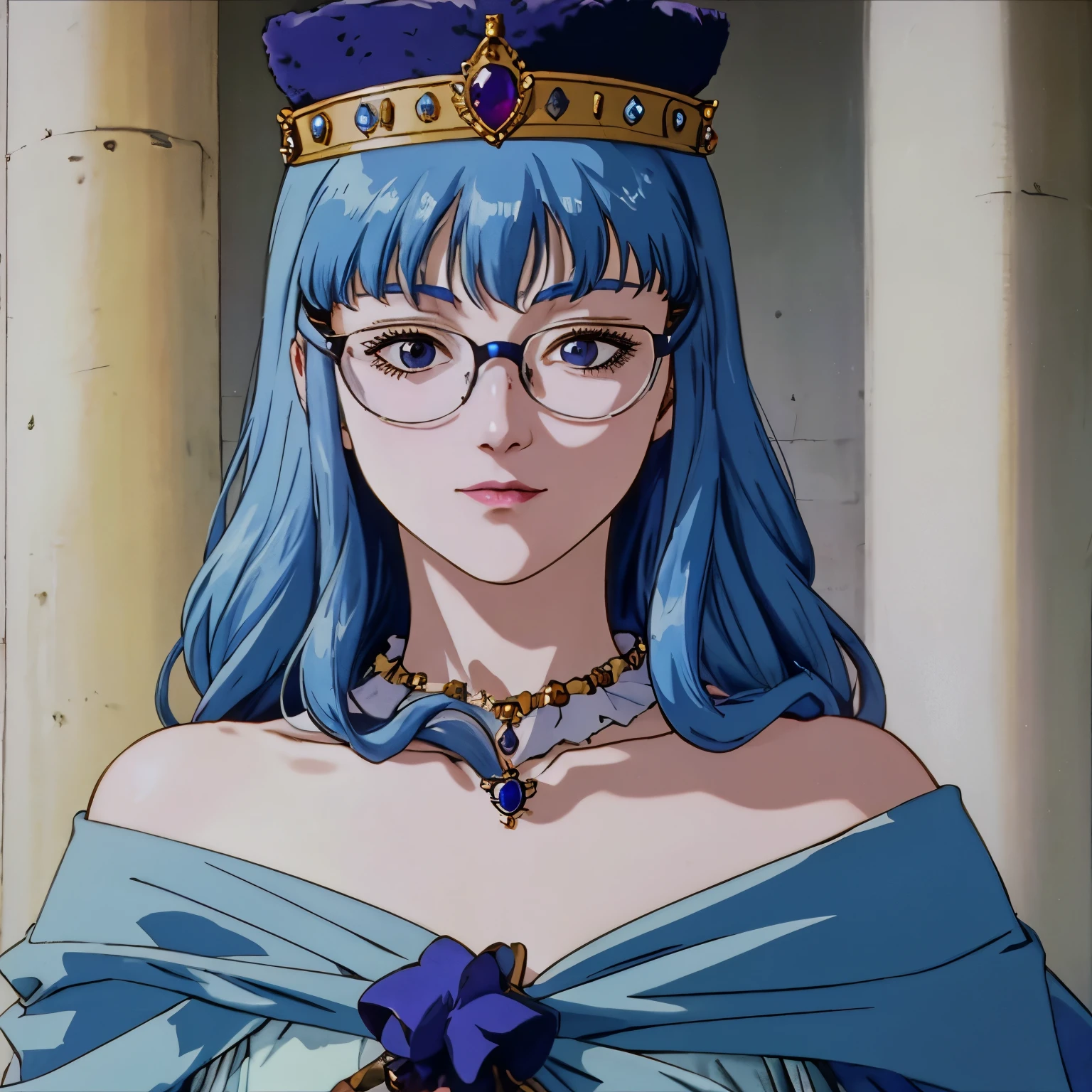A blue-haired, glasses-wearing woman wearing a crown and royal jewelry