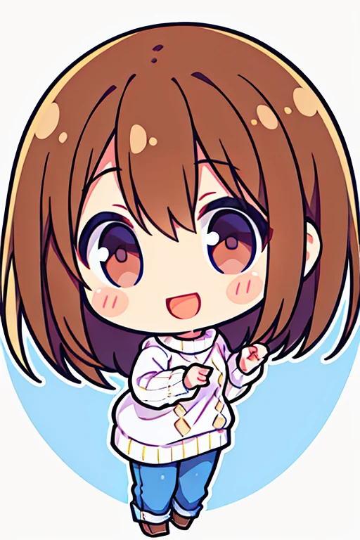 brown-haired , jeans、White knitwear、A smile、White background