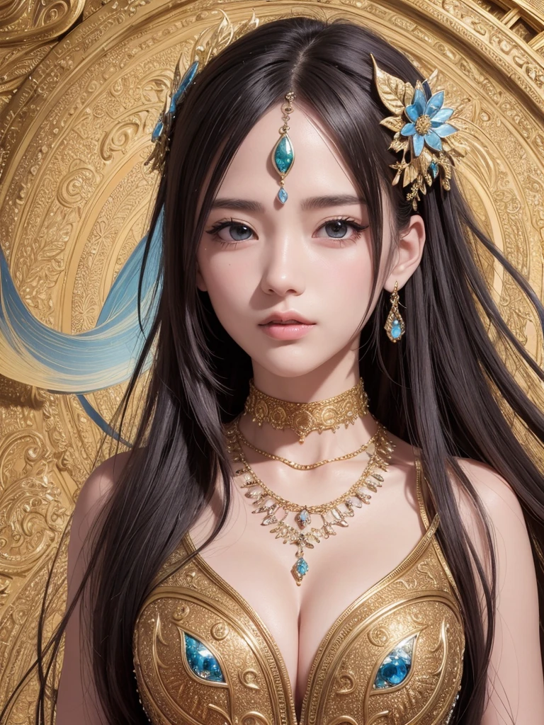 (masterpiece, top quality, best quality, official art, beautiful and aesthetic:1.2), (1girl), extreme detailed,colorful,highest detailed, official art, unity 8k wallpaper, ultra detailed, beautiful and aesthetic, beautiful, masterpiece, best quality, (zentangle, mandala, tangle, entangle) ,holy light,gold foil,gold leaf art,glitter drawing, PerfectNwsjMajic