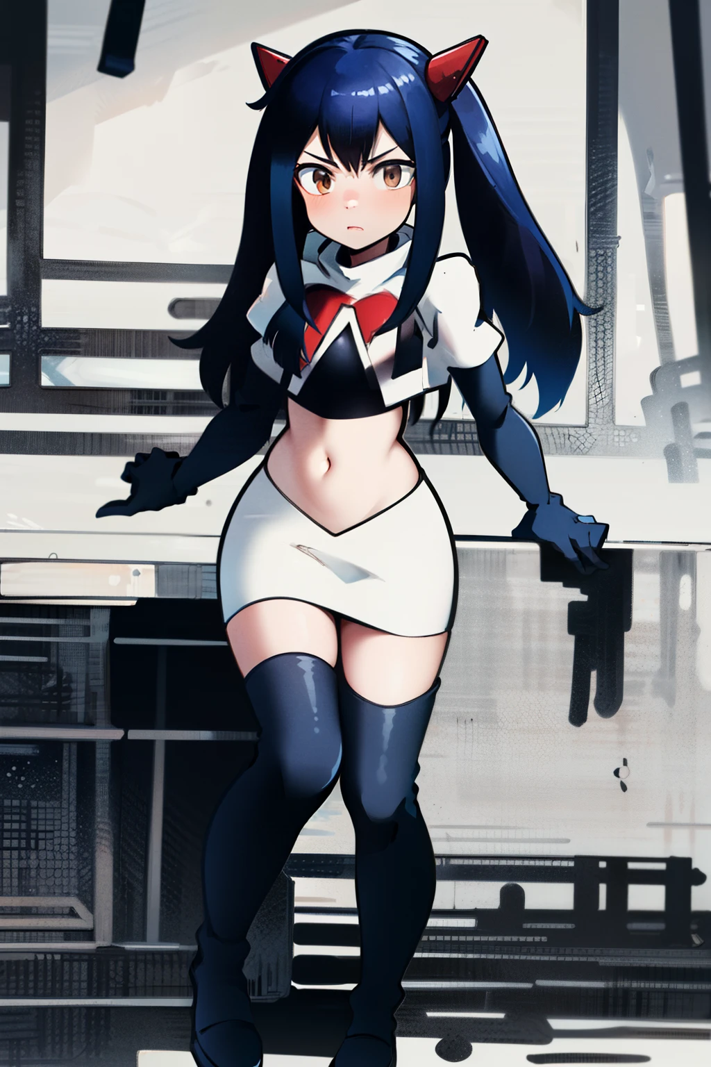 masterpiece, absurdres, Wendy_Marvell, 1girl, solo, long hair, looking at viewer, hair ornament, twintails, brown eyes, blue hair,team rocket,team rocket uniform,white skirt,red letter R,crop top,black thigh-highs,black elbow gloves,