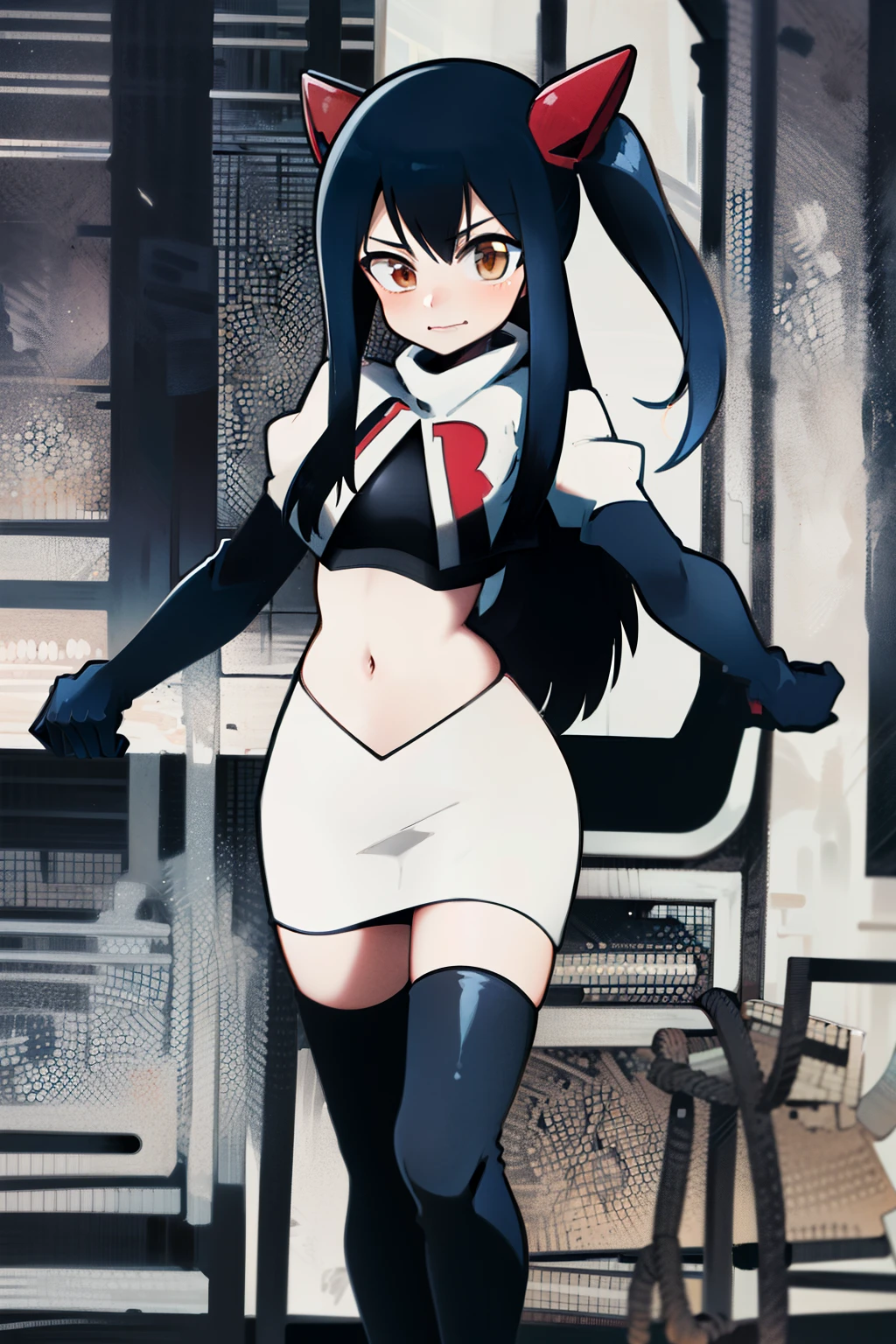 masterpiece, absurdres, Wendy_Marvell, 1girl, solo, long hair, looking at viewer, hair ornament, twintails, brown eyes, blue hair,team rocket,team rocket uniform,white skirt,red letter R,crop top,black thigh-highs,black elbow gloves,