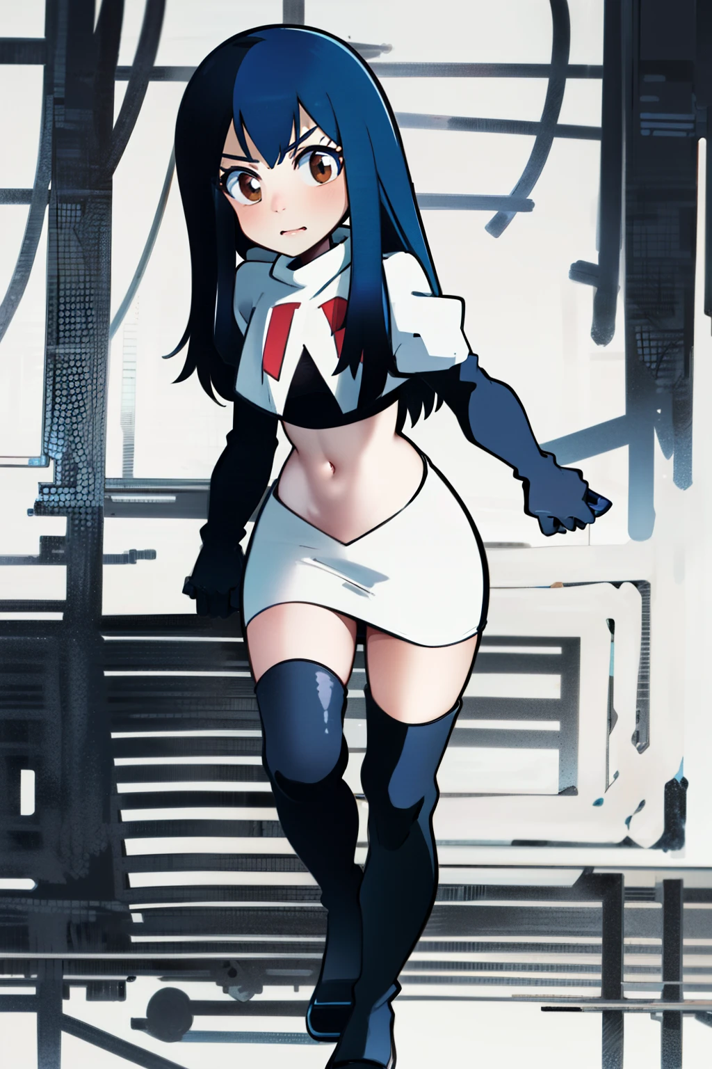 masterpiece, absurdres, Wendy_Marvell, 1girl, solo, long hair, looking at viewer, hair ornament, twintails, brown eyes, blue hair,team rocket,team rocket uniform,white skirt,red letter R,crop top,black thigh-highs,black elbow gloves,