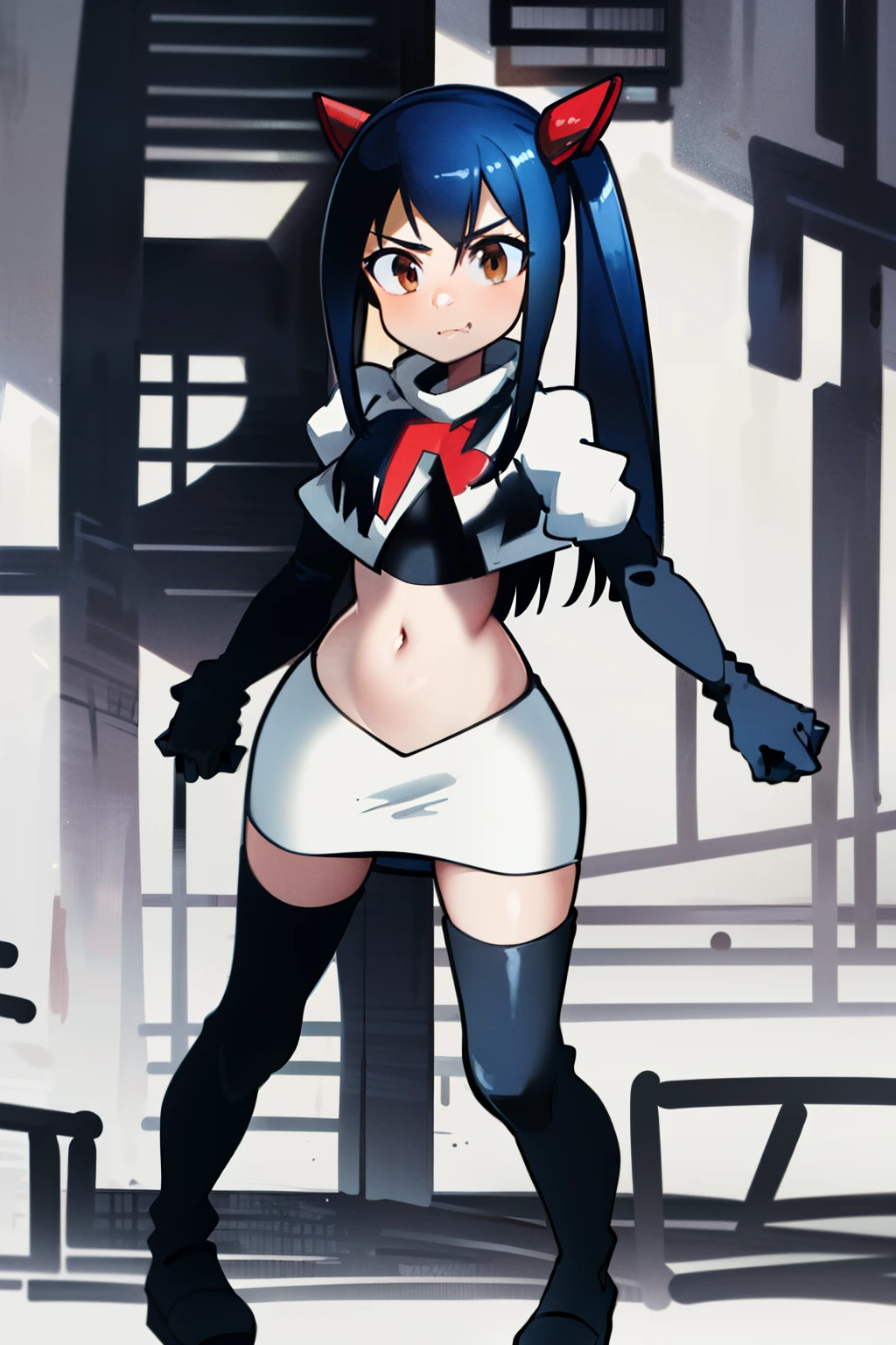 masterpiece, absurdres, Wendy_Marvell, 1girl, solo, long hair, looking at viewer, hair ornament, twintails, brown eyes, blue hair,team rocket,team rocket uniform,white skirt,red letter R,crop top,black thigh-highs,black elbow gloves,