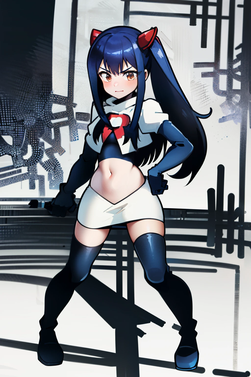 masterpiece, absurdres, Wendy_Marvell, 1girl, solo, long hair, looking at viewer, hair ornament, twintails, brown eyes, blue hair,team rocket,team rocket uniform,white skirt,red letter R,crop top,black thigh-highs,black elbow gloves,