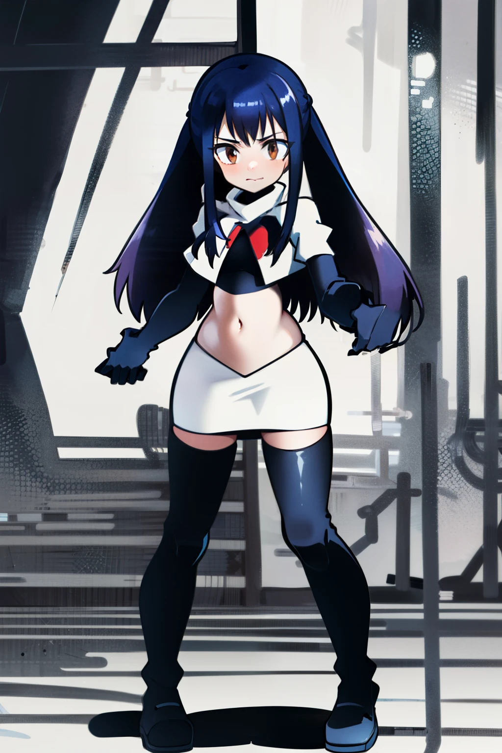 masterpiece, absurdres, Wendy_Marvell, 1girl, solo, long hair, looking at viewer, hair ornament, twintails, brown eyes, blue hair,team rocket,team rocket uniform,white skirt,red letter R,crop top,black thigh-highs,black elbow gloves,