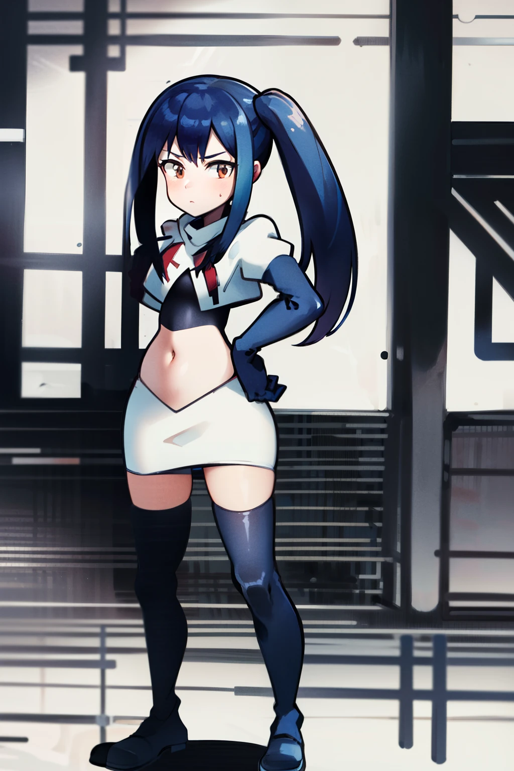 masterpiece, absurdres, Wendy_Marvell, 1girl, solo, long hair, looking at viewer, hair ornament, twintails, brown eyes, blue hair,team rocket,team rocket uniform,white skirt,red letter R,crop top,black thigh-highs,black elbow gloves,