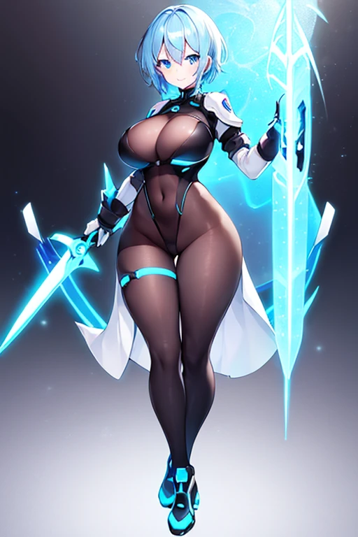 1girl, white skin, light skin, smile, light smile, blue hair, short hair, blue eyes, large breasts, breasts, wide hips, black bodysuit, black clothes, black pantyhose, bodysuit, sleeves, short sleeves, pantyhose, futuristic, science-fiction, neon trim, neon, full_body, ((full body)), standing, sword