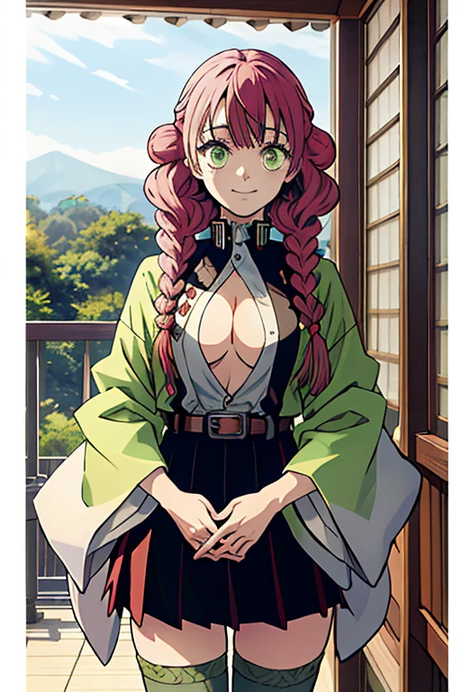 masterpiece, best quality, ultra-detailed, Potrait of beautiful MitsuruDS, solo, demon_slayer_uniform, smile, long_sleeves, looking_at_viewer, japanese_clothes, breasts, haori, cleavage, closed_mouth, jacket, large_breasts, open_clothes, skirt, belt, black_skirt, pleated_skirt, thighhighs, green_thighhighs, zettai_ryouiki, volumetric lighting, best quality, masterpiece, intricate details, tonemapping, sharp focus, hyper detailed, trending on Artstation,