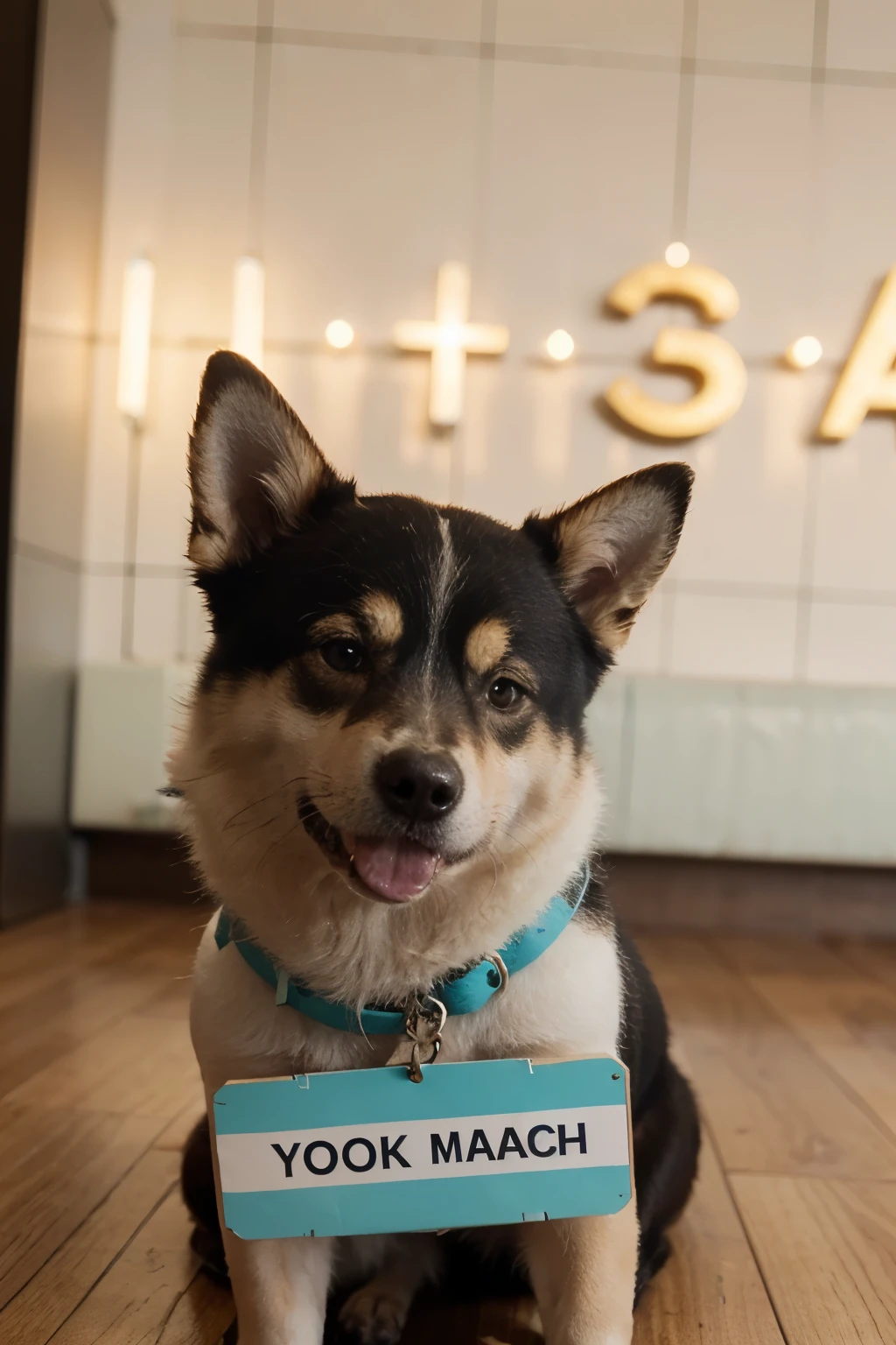 ((La mejor calidad)), ((Obra maestra)), (Detallado), crypto token launch with turquoise Shiba inu dog holding sign with rising indicator