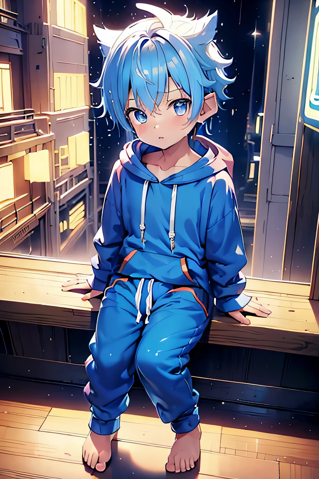 2 blue hair、Shiny  boy, 发光的青色眼睛和赤脚和tiny feet, WHO&#39;Wearing an oversized hoodie and sweatpants?, fly with wings, Flushing, Jung, Junge, Class, small, Kleinkind, tiny feet, (Jogging shoes:1.4), (Jung:1.4), (Class:1.4), (shota:1.4), (capson sweater:1.4), (the sunset:1.4)