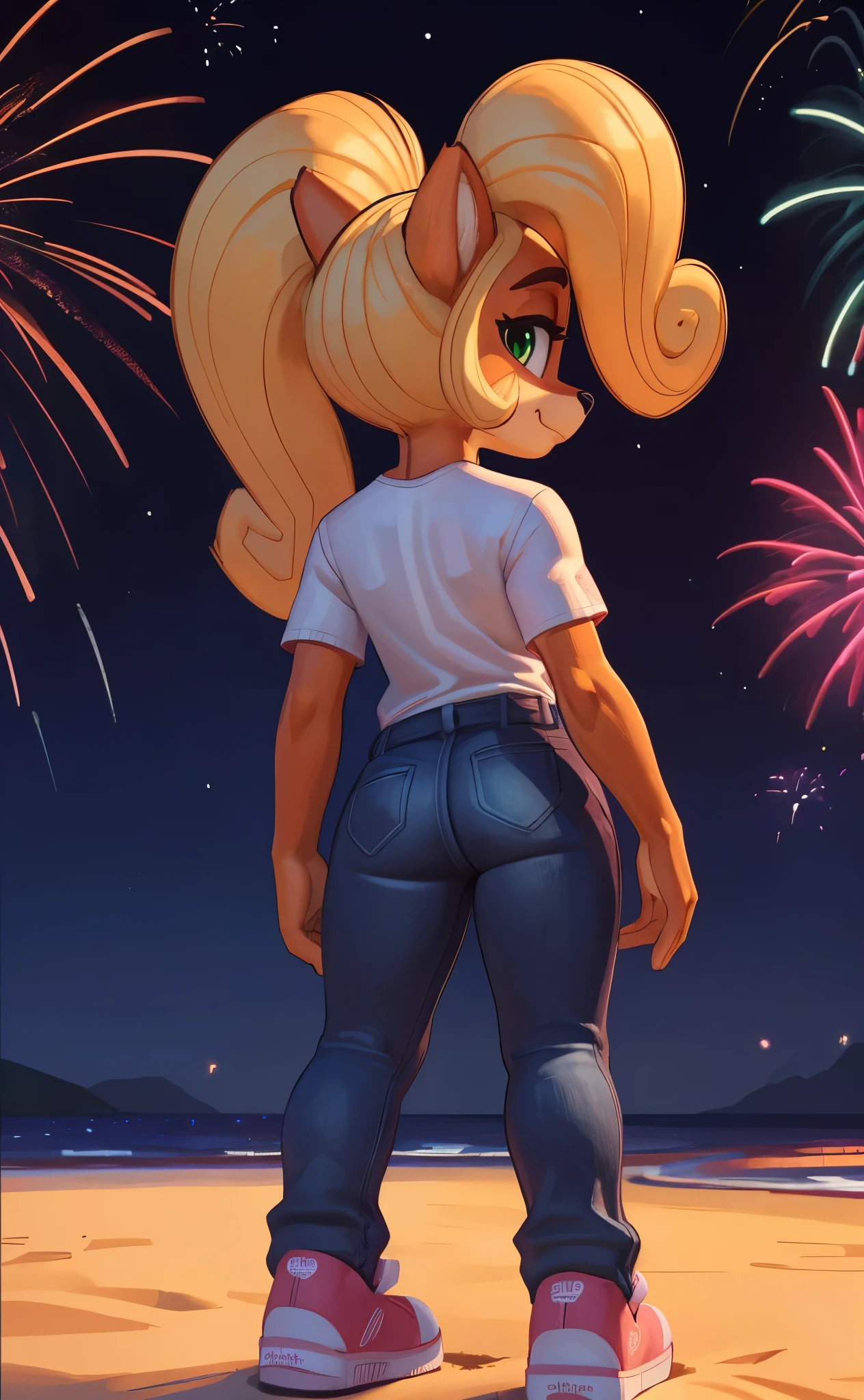 [Coco bandicoot], [Uploaded to e621.net; (Pixelsketcher), (wamudraws)], ((masterpiece)), ((HD)), ((solo portrait)), ((full body)), ((back view)), ((feet visible)), ((furry; anthro)), ((detailed fur)), ((detailed shading)), ((beautiful render art)), ((intricate details)), {anthro; orange fur, black nose, (cute green eyes), (short eyelashes), (long blonde curly hair), (curvy hips), (beautiful legs), (blushing), (cute smirk)}, {(white tee shirt), (tight jeans), (pink sneakers)}, {(standing), (watching fireworks), (looking back), (looking at viewer)}, [background; (tropical forest), (beach), (party), (neon lights), (fireworks in sky), (nighttime), (starry sky), (ambient lighting)]