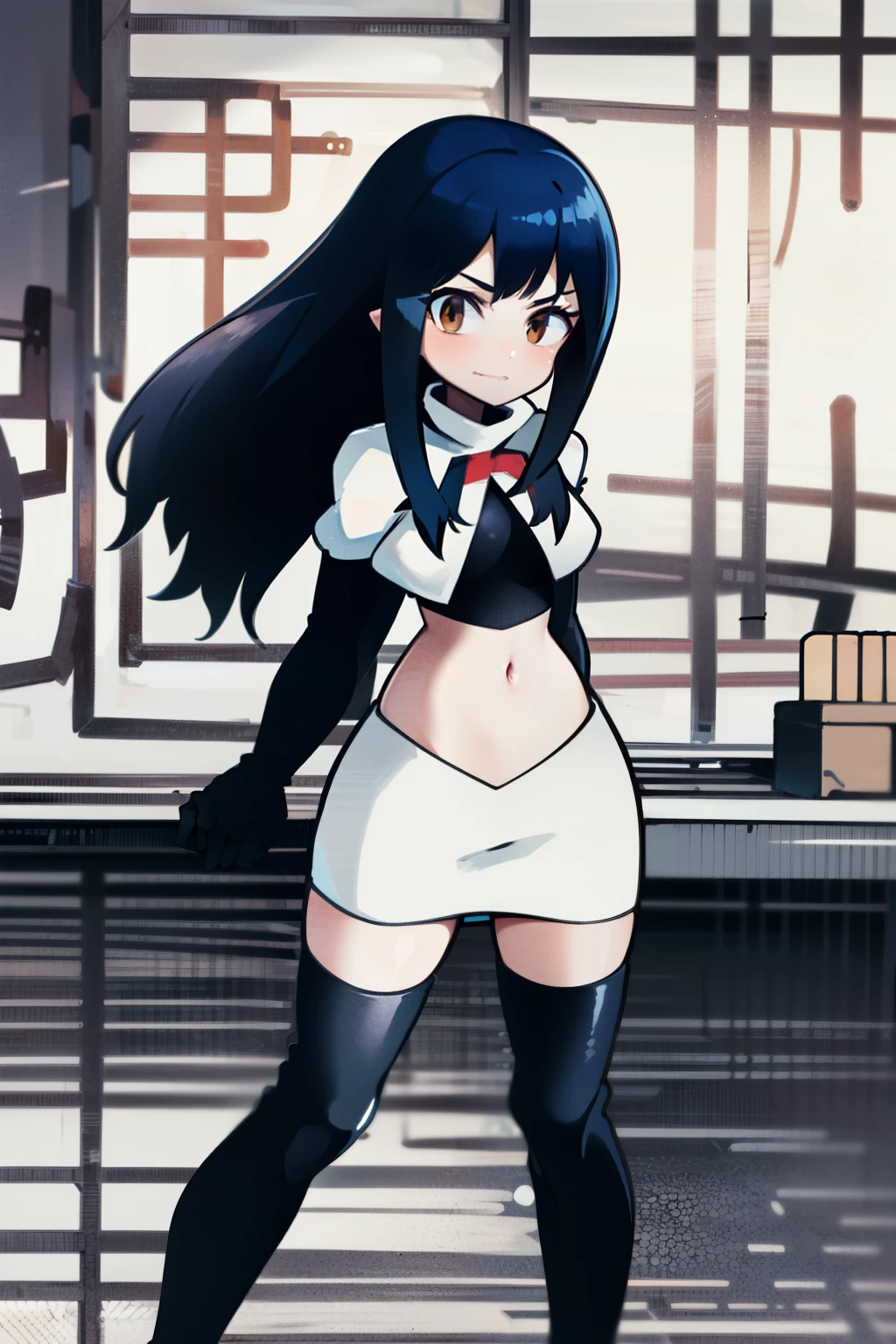 masterpiece, absurdres, Wendy_Marvell, 1girl, solo, long hair, looking at viewer, hair ornament, twintails, brown eyes, blue hair,team rocket,team rocket uniform,white skirt,red letter R,crop top,black thigh-highs,black elbow gloves,