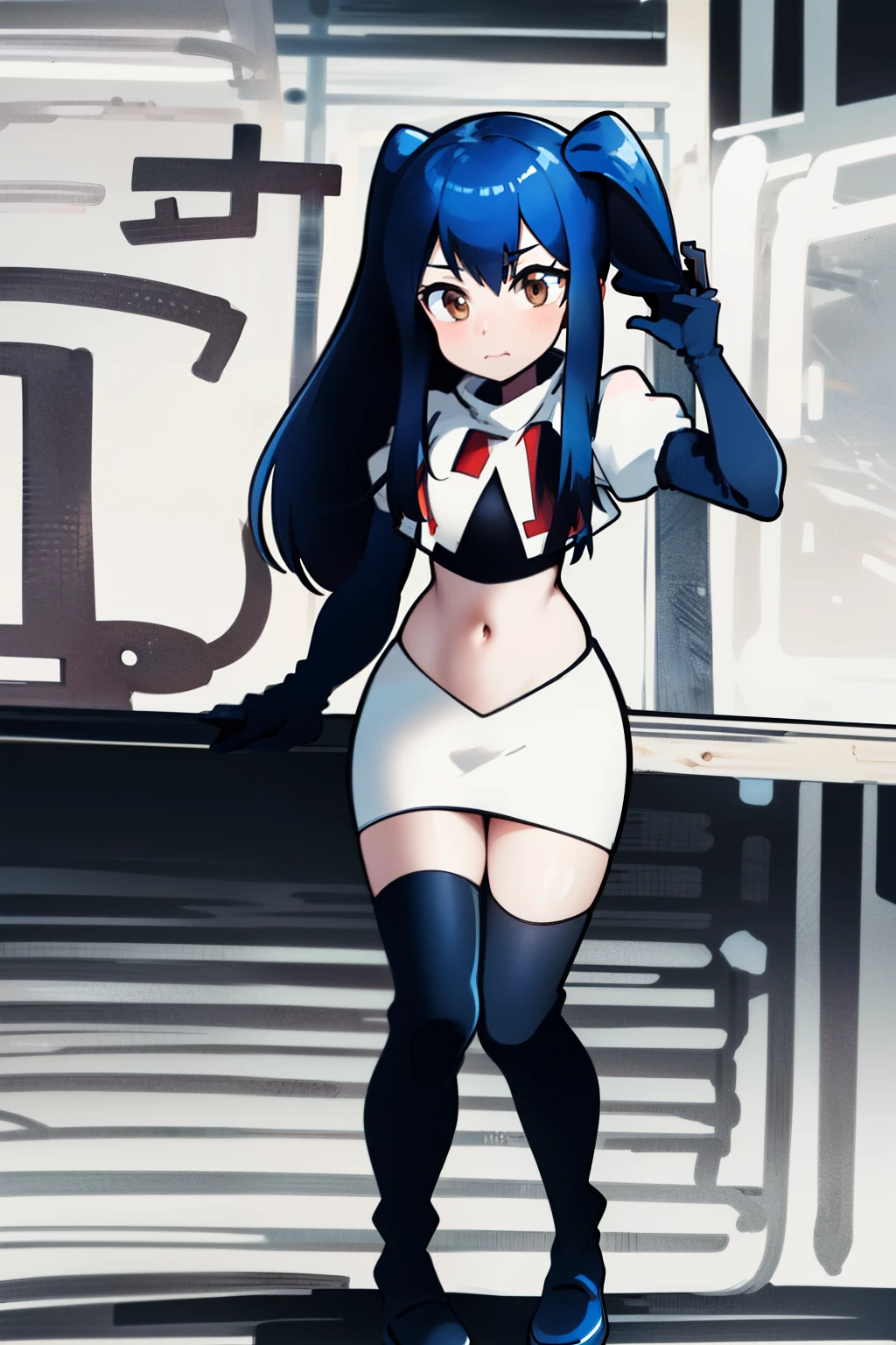 masterpiece, absurdres, Wendy_Marvell, 1girl, solo, long hair, looking at viewer, hair ornament, twintails, brown eyes, blue hair,team rocket,team rocket uniform,white skirt,red letter R,crop top,black thigh-highs,black elbow gloves,