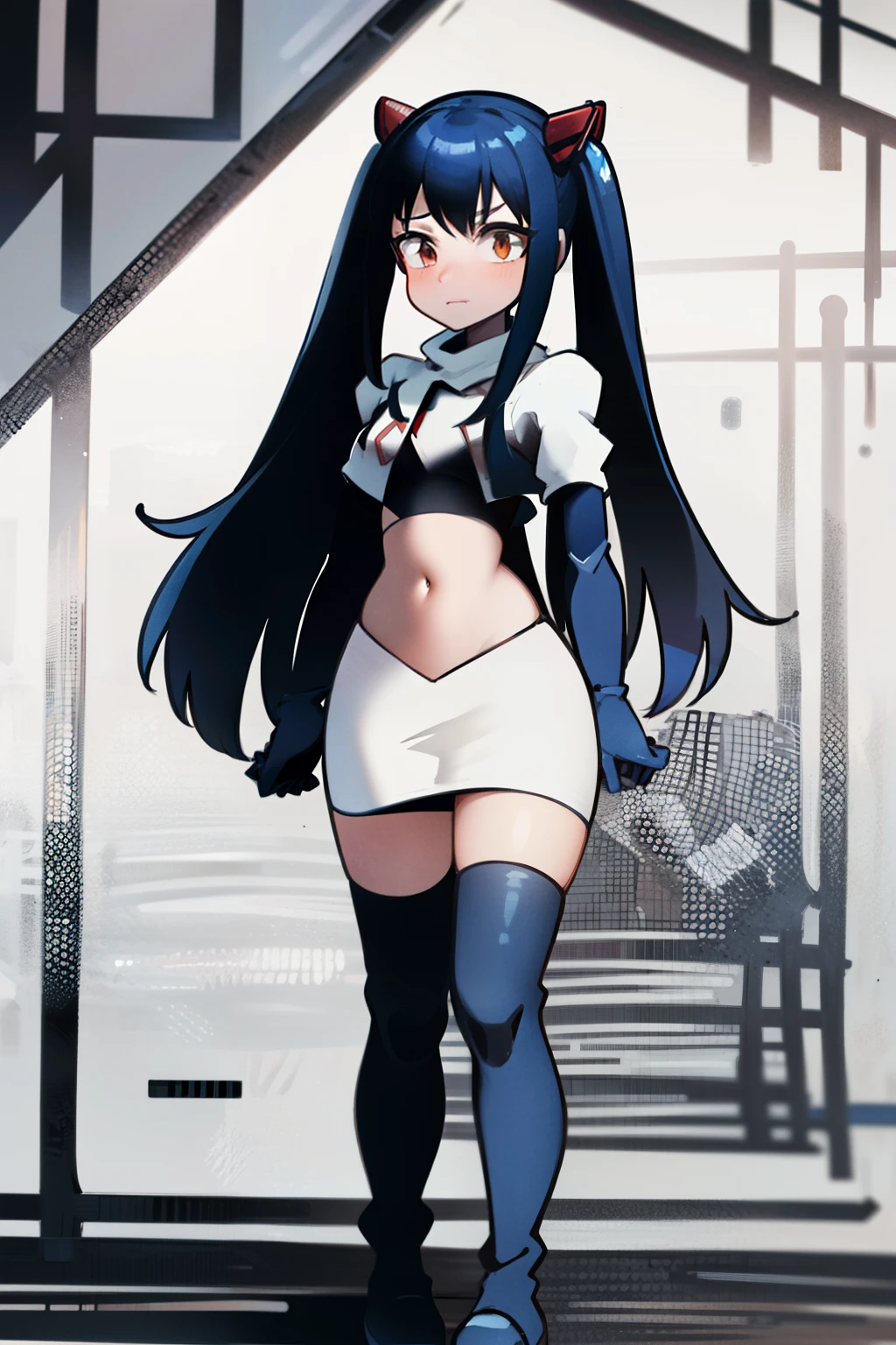 masterpiece, absurdres, Wendy_Marvell, 1girl, solo, long hair, looking at viewer, hair ornament, twintails, brown eyes, blue hair,team rocket,team rocket uniform,white skirt,red letter R,crop top,black thigh-highs,black elbow gloves,