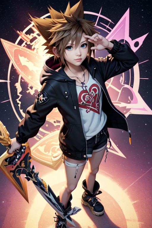Kingdom Hearts Inspired, Kingdom Hearts clothing Birth by Sleep design, Kingdom Hearts Ventus Inspired clothes, Kingdom Hearts Terra Inspired clothes, Astrology inspired Design, Female, young female, ager, young , pale olive skin, brown hair, messy hair, long hair, hazel eyes, tired eyes, Kingdom Hearts inspired pose, Kingdom Hearts Keyblade, Astrology inspired Keyblade, Loose Jacket, Baggy Jacket, Keyblade in hand, single person, one person pose