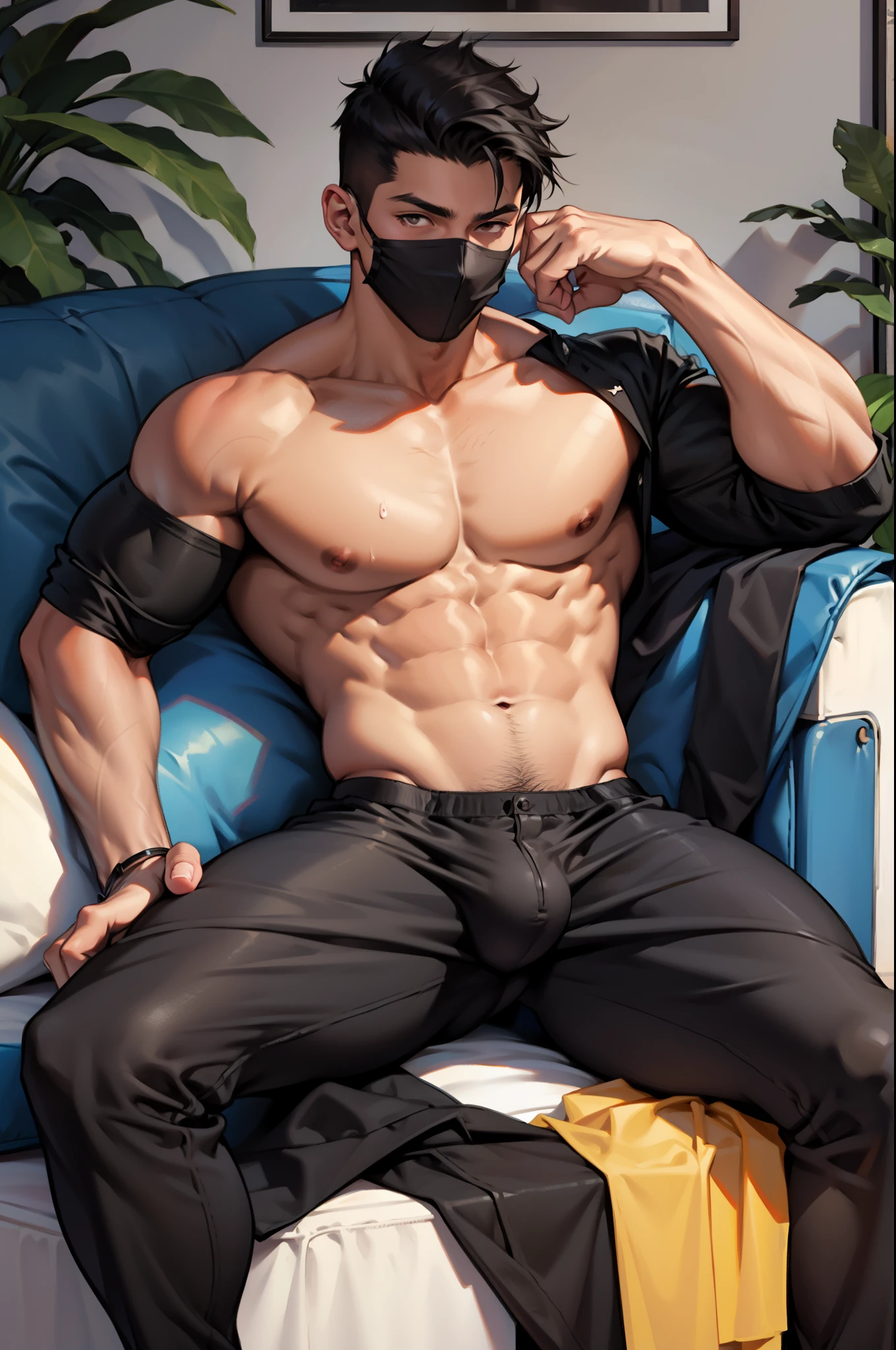 Realistic 18-year-old Latina fetal male with double cyst wearing black thin body with big bulge lying on the sofa,No pants