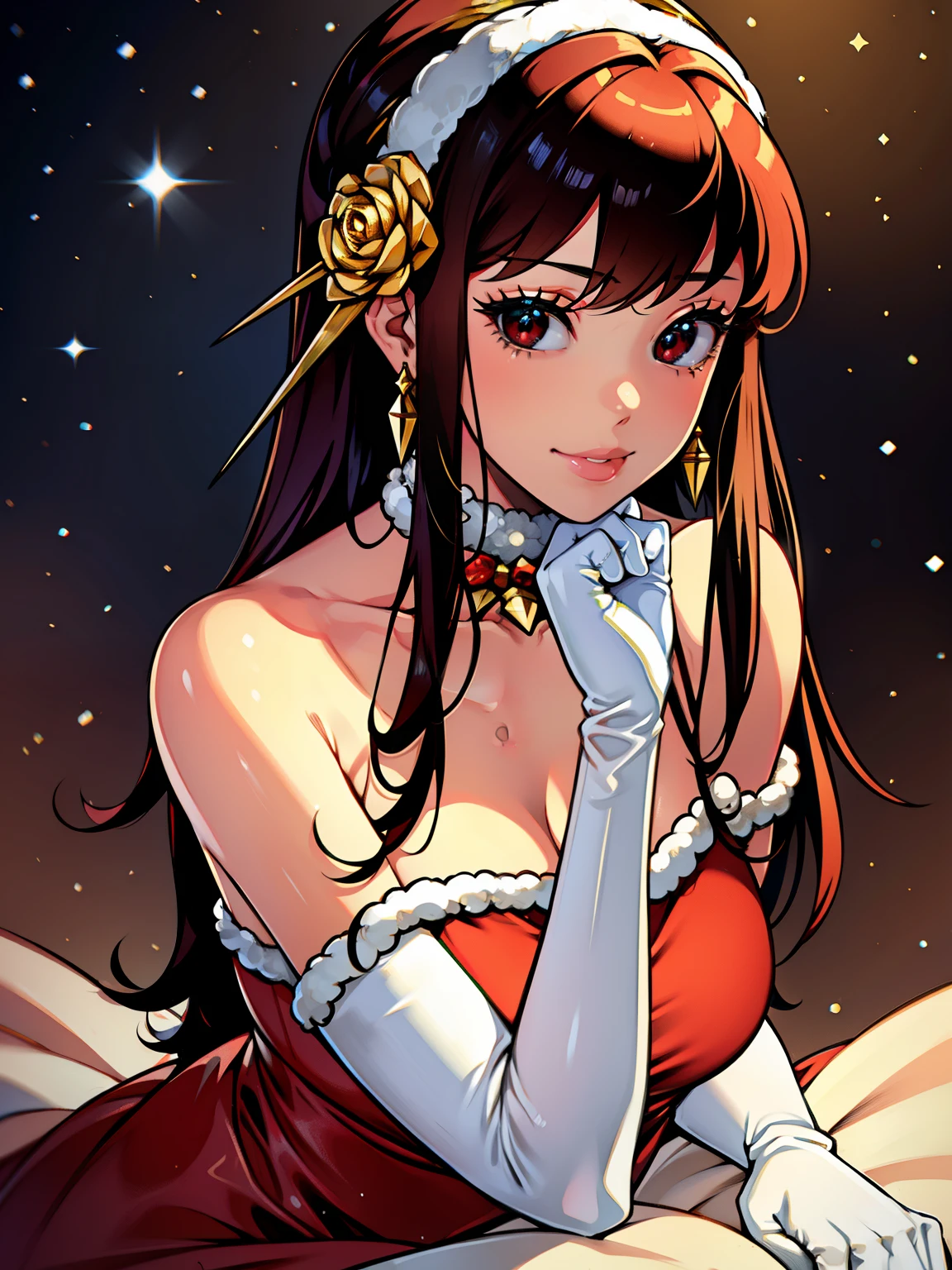 1girl, solo, masterpiece, best quality, high res, highly detailed, (illustration), beautiful detailed eyes, yor briar, red eyes ,gold earrings, gold hairband, hair flower, hair ornament, hairband ,glossy lips, light makeup, warm smile, long white satin elbow gloves ,cowboy shot, (santa), red santa dress, full body, elbow white gloves, long white gloves