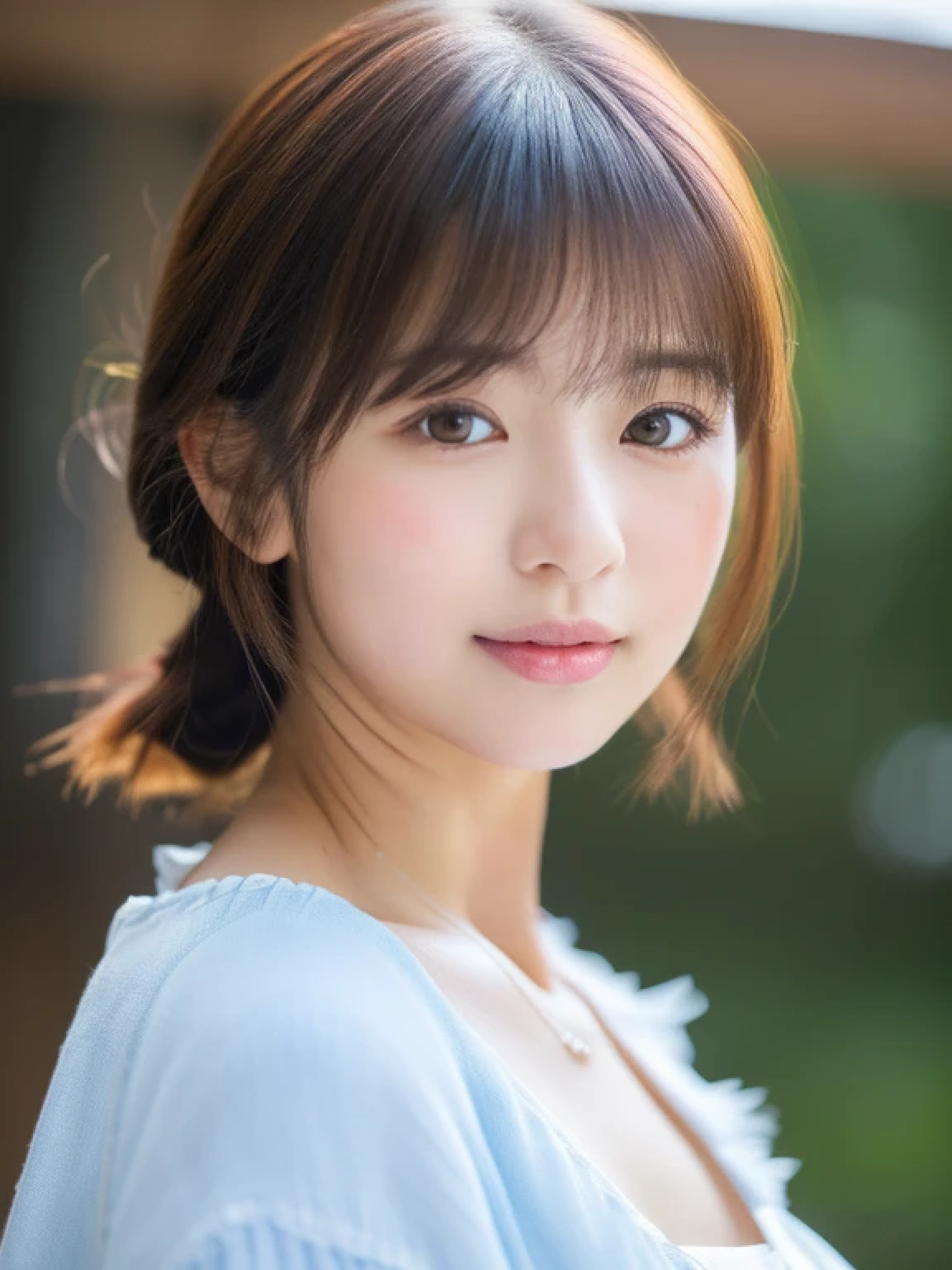 ((cute little日本の女の子、Beautiful japanese girl、1 girl in、Unclear、age19、poneyTail、Highly detailed facial and skin texture、refinement、hyperdetailed face、ultradetailed eyes、blusher、blush、teak、ピンクのteakを塗った頬、close-up of woman、bustup、frontageを向いている顔、frontageを向いている体、Looking at the camera、frontage、cute little、smooth white skin、Transparent skin texture、))、(dark brown hair、bangss)、Beautiful Women in Perfect Style:1.4、Japanese Models、Young gravure idols、若いcute littleグラビアアイドル、Realistic Young Gravure Idol、refinementされたグラビアアイドル、((top-quality、in 8K、masterpiece:1.3、1Photo))、(4K、RAW Photography、top-quality)、(reallistic、フォトreallistic:1.37)、Place a person on the other side of the screen、natural soft light、upper body and head、