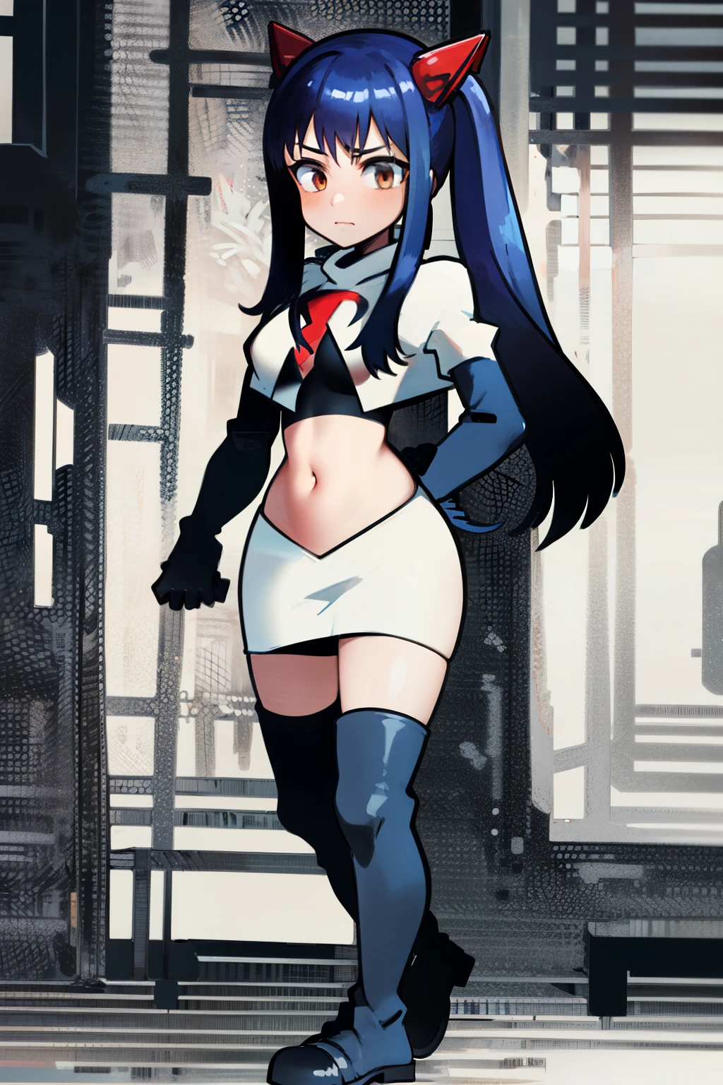 masterpiece, absurdres, Wendy_Marvell, 1girl, solo, long hair, looking at viewer, hair ornament, twintails, brown eyes, blue hair,team rocket,team rocket uniform,white skirt,red letter R,crop top,black thigh-highs,black elbow gloves,