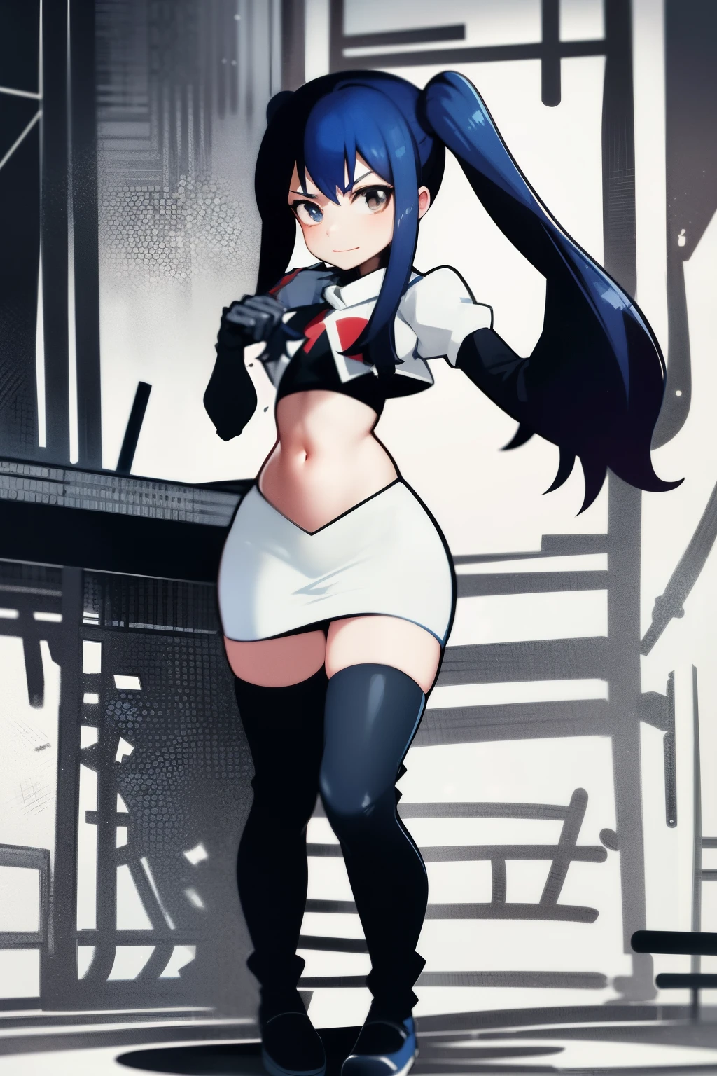 masterpiece, absurdres, Wendy_Marvell, 1girl, solo, long hair, looking at viewer, hair ornament, twintails, brown eyes, blue hair,team rocket,team rocket uniform,white skirt,red letter R,crop top,black thigh-highs,black elbow gloves,