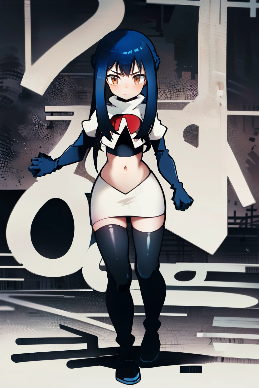 masterpiece, absurdres, Wendy_Marvell, 1girl, solo, long hair, looking at viewer, hair ornament, twintails, brown eyes, blue hair,team rocket,team rocket uniform,white skirt,red letter R,crop top,black thigh-highs,black elbow gloves,