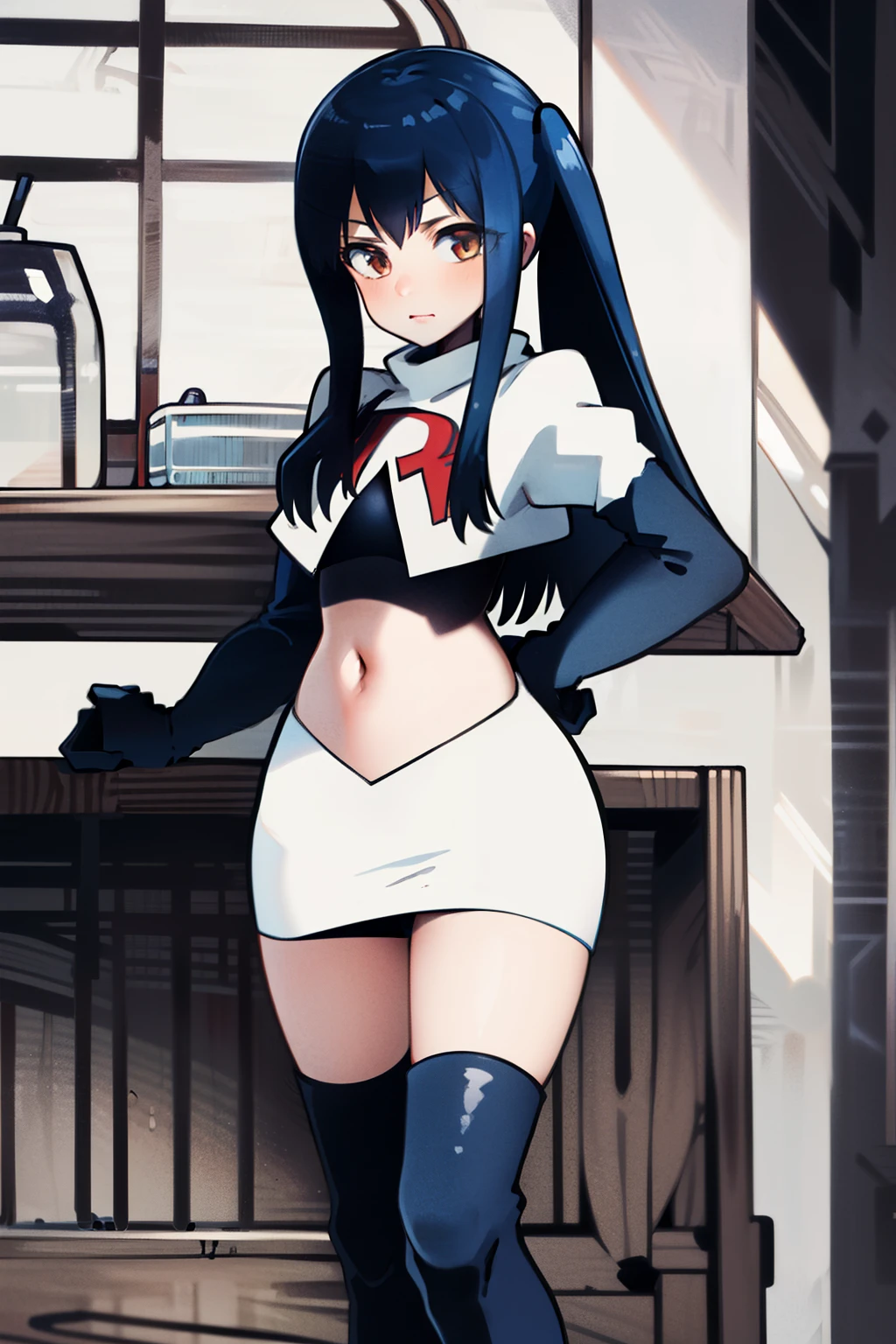 masterpiece, absurdres, Wendy_Marvell, 1girl, solo, long hair, looking at viewer, hair ornament, twintails, brown eyes, blue hair,team rocket,team rocket uniform,white skirt,red letter R,crop top,black thigh-highs,black elbow gloves,