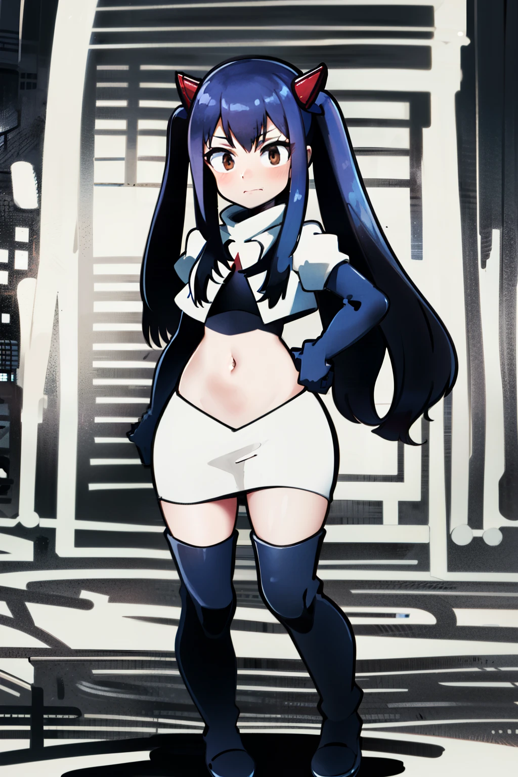 masterpiece, absurdres, Wendy_Marvell, 1girl, solo, long hair, looking at viewer, hair ornament, twintails, brown eyes, blue hair,team rocket,team rocket uniform,white skirt,red letter R,crop top,black thigh-highs,black elbow gloves,