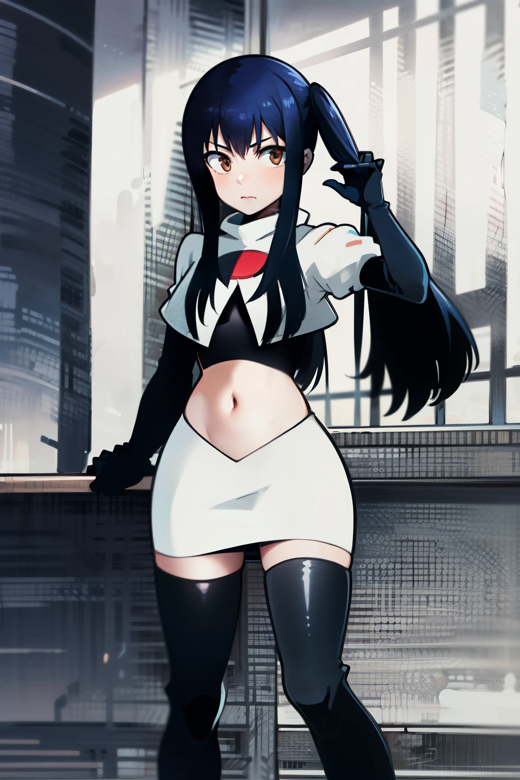 masterpiece, absurdres, Wendy_Marvell, 1girl, solo, long hair, looking at viewer, hair ornament, twintails, brown eyes, blue hair,team rocket,team rocket uniform,white skirt,red letter R,crop top,black thigh-highs,black elbow gloves,