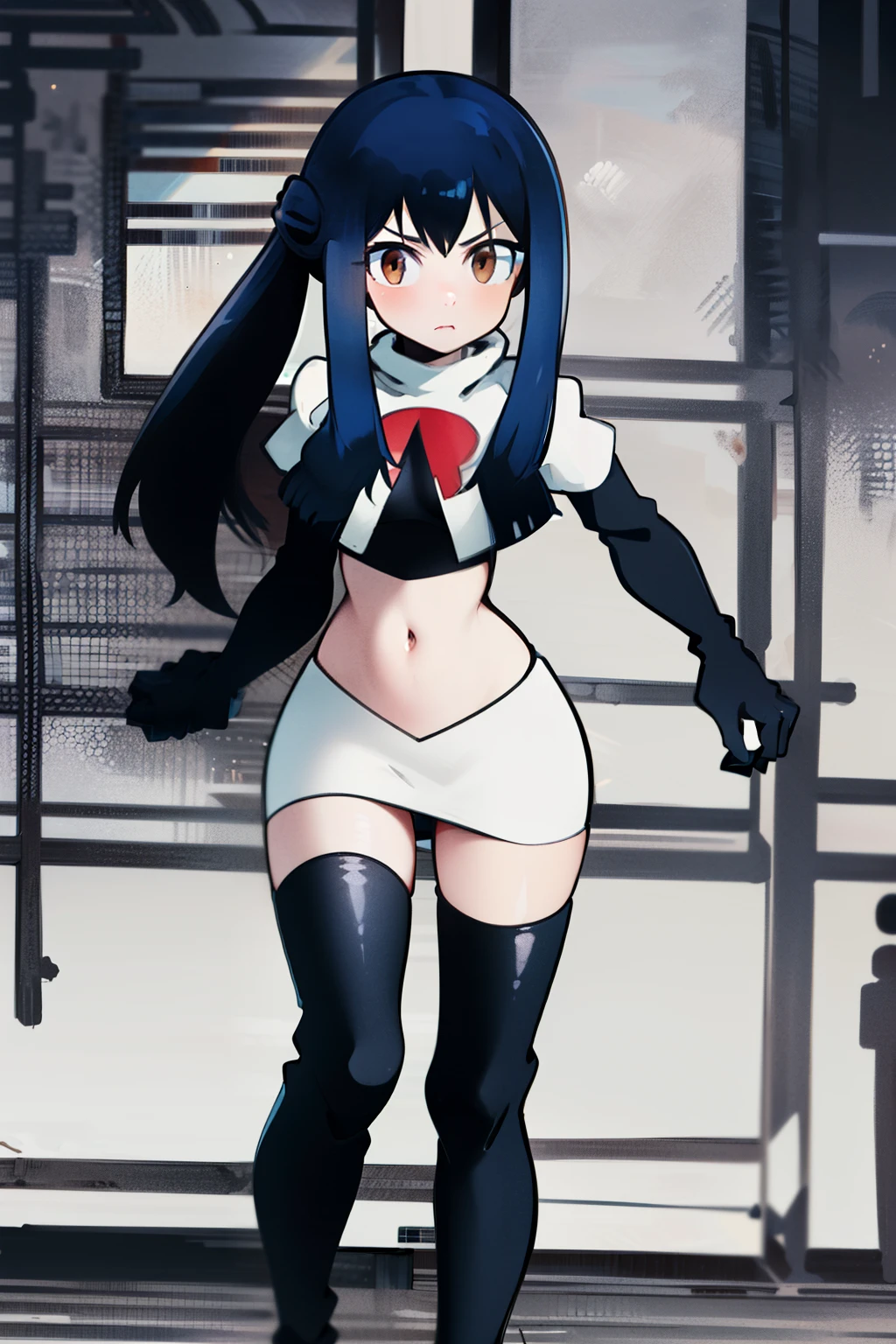 masterpiece, absurdres, Wendy_Marvell, 1girl, solo, long hair, looking at viewer, hair ornament, twintails, brown eyes, blue hair,team rocket,team rocket uniform,white skirt,red letter R,crop top,black thigh-highs,black elbow gloves,