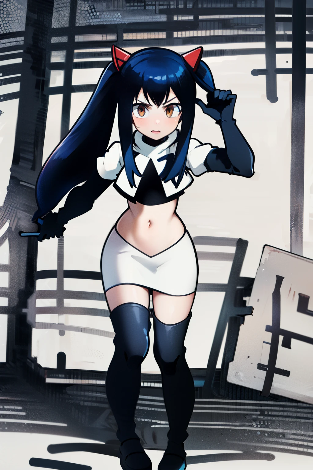 masterpiece, absurdres, Wendy_Marvell, 1girl, solo, long hair, looking at viewer, hair ornament, twintails, brown eyes, blue hair,team rocket,team rocket uniform,white skirt,red letter R,crop top,black thigh-highs,black elbow gloves,